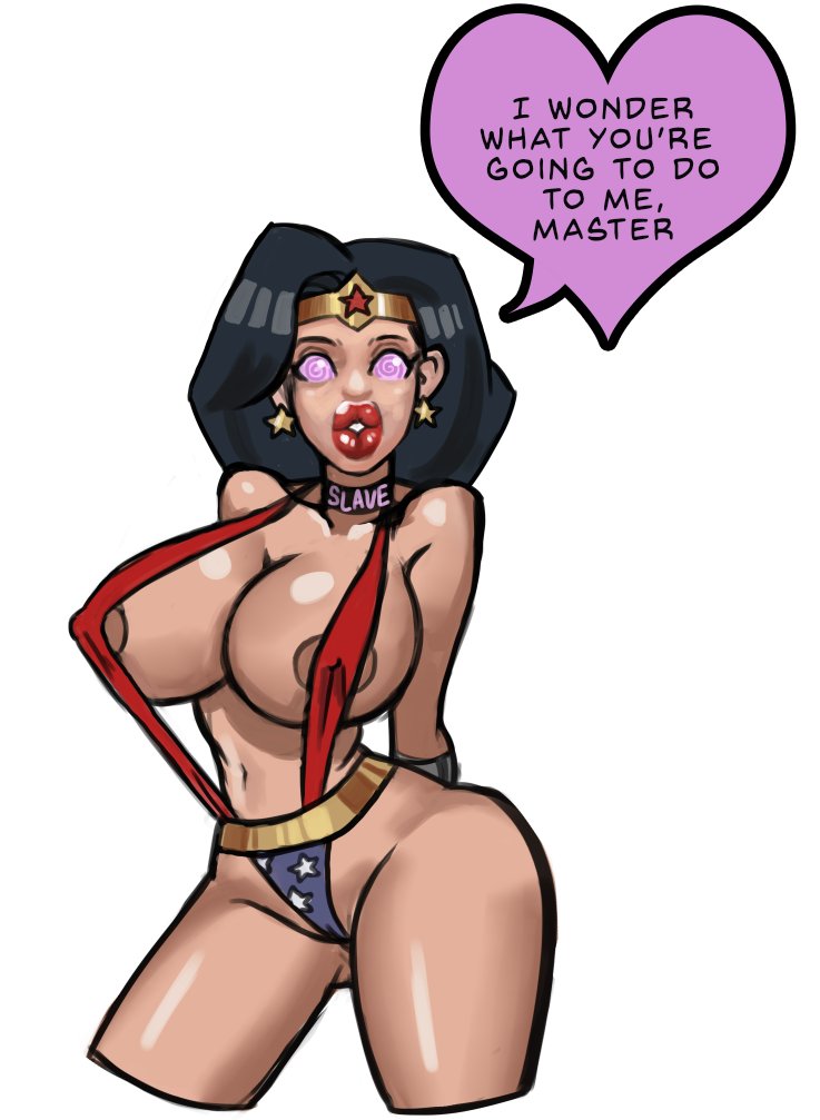 1girls, bikini, bimbo, black hair, bracelet, breasts, choker, dc, dc comics, diana prince, earrings, female, hands behind back, heart, heart symbol, huge breasts, hypnosis, lipstick, makeup, mind control, nipples, nipples visible through clothing, piercings, puckered lips, pun, red lipstick, sideboob, simple background, sling bikini, slut collar, solo, solo female, speech bubble, spiral eyes, star, text, text bubble, tiara, weakj, white background, wonder woman, wonder woman (series)