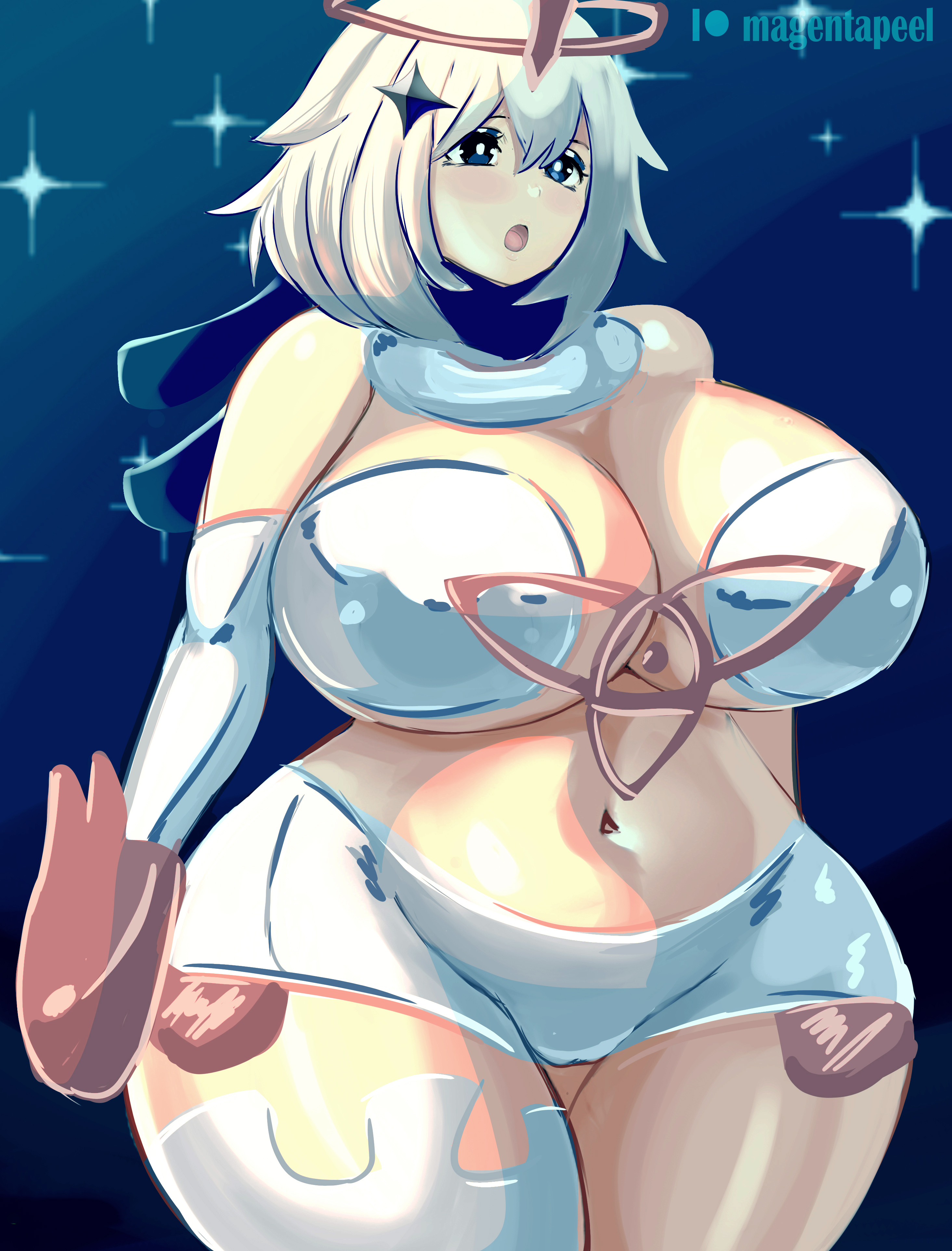 1girls, aged up, alternate body type, alternate breast size, ass, big ass, big breasts, blue eyes, breasts, chubby, chubby female, drawing, fanart, female, female only, genshin impact, huge ass, huge breasts, large ass, large breasts, lingerie, magentapeel, milf, paimon (genshin impact), thick thighs, white hair