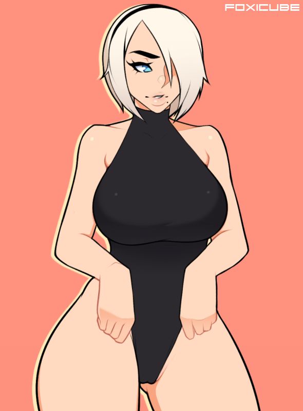 big breasts, breasts, clothed, clothing, female, female focus, female only, foxicube, nier: automata, short hair, white hair, yorha 2b