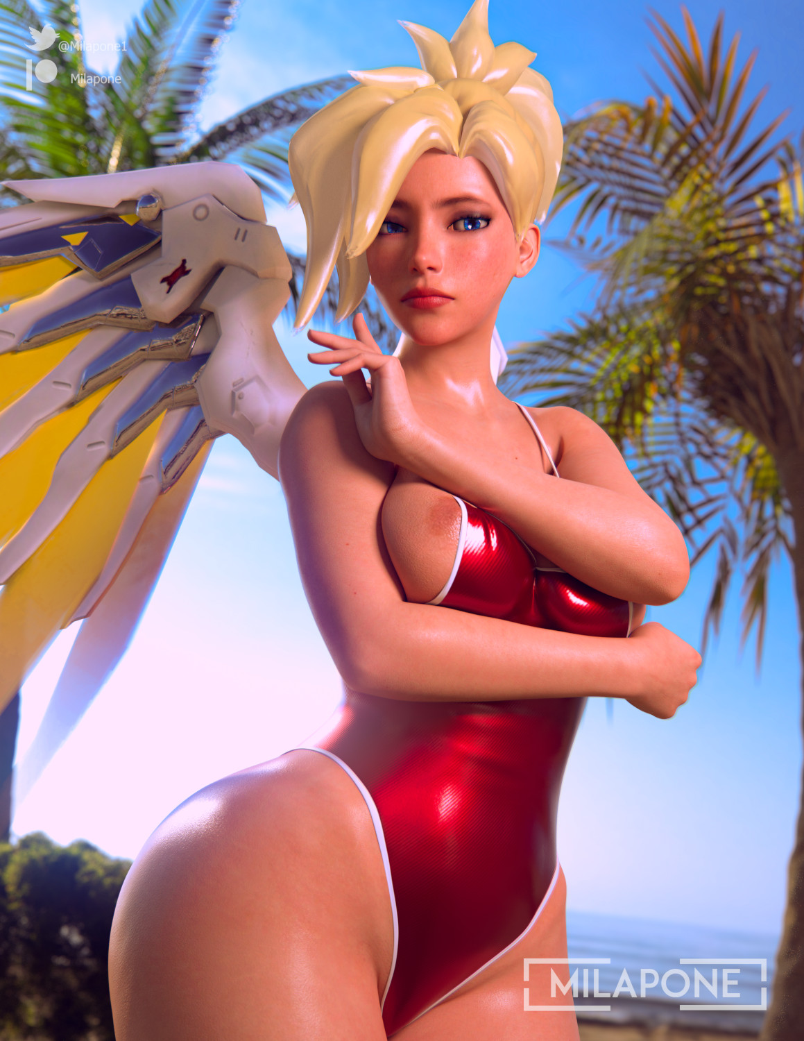 3d, blizzard entertainment, breasts, busty, female, female focus, female only, hourglass figure, mercy, milapone, overwatch, pinup, pinup pose, pose, posing, solo, wide hips