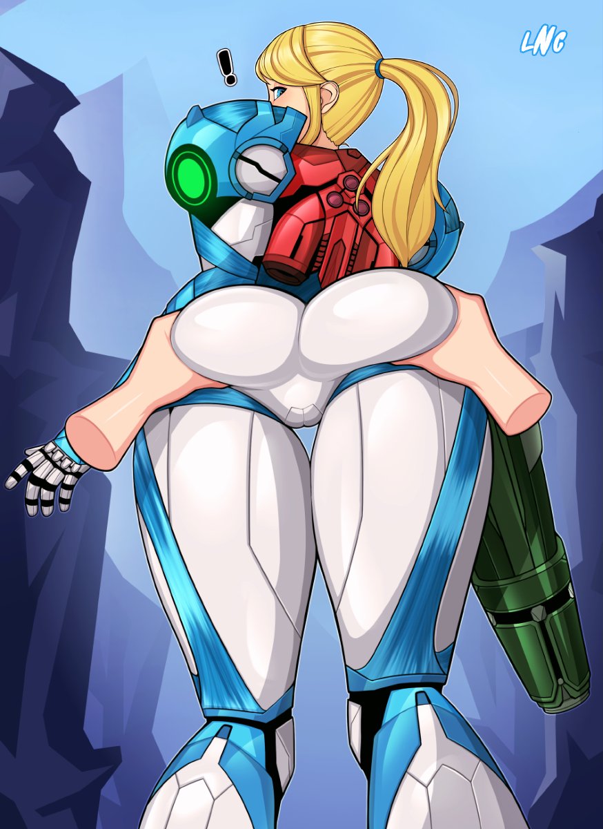 !, 1girls, armor, armored samus, ass, ass focus, ass grab, big ass, big butt, blonde hair, blue eyes, blush, bodysuit, disembodied hand, eye contact, female, gloves, long hair, loodncrood, looking at viewer, looking back, metroid, metroid dread, nintendo, ponytail, power suit, samus aran, standing, thick thighs, thighs