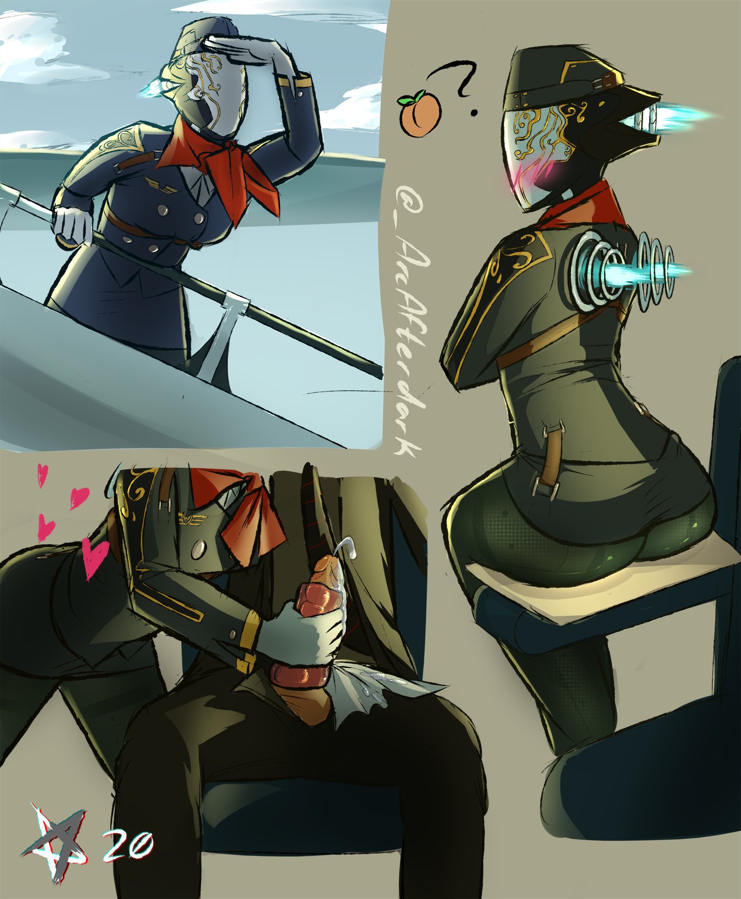 arcafterdark, armor, ass, athletic, athletic female, blush, cum, faceless male, female, flight attendant, handjob, heart, human, human penetrating, light skin, light-skinned male, male, nova (warframe), robot girl, warframe