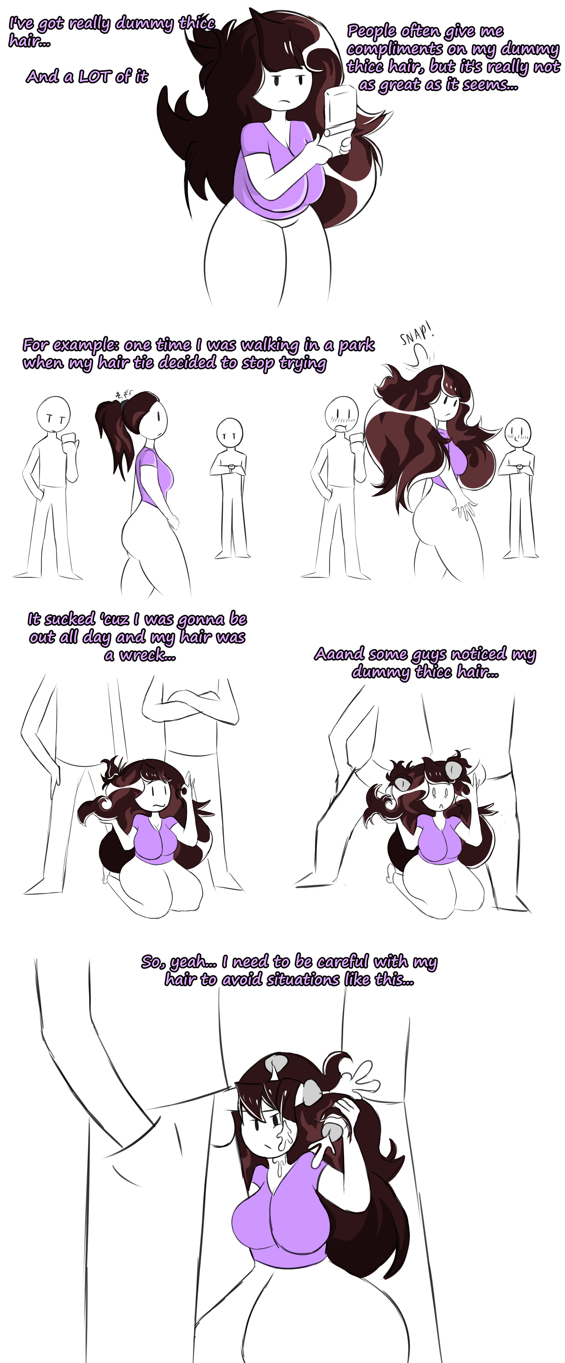 2boys, artist request, big breasts, breasts, brown hair, clothing, comic, cum on face, cum on hair, english text, female, hairjob, hyper thighs, jaiden, jaiden animations, long hair, male, parody, public, public use, shiny hair, straight, text, white background, white skin, youtube, youtuber