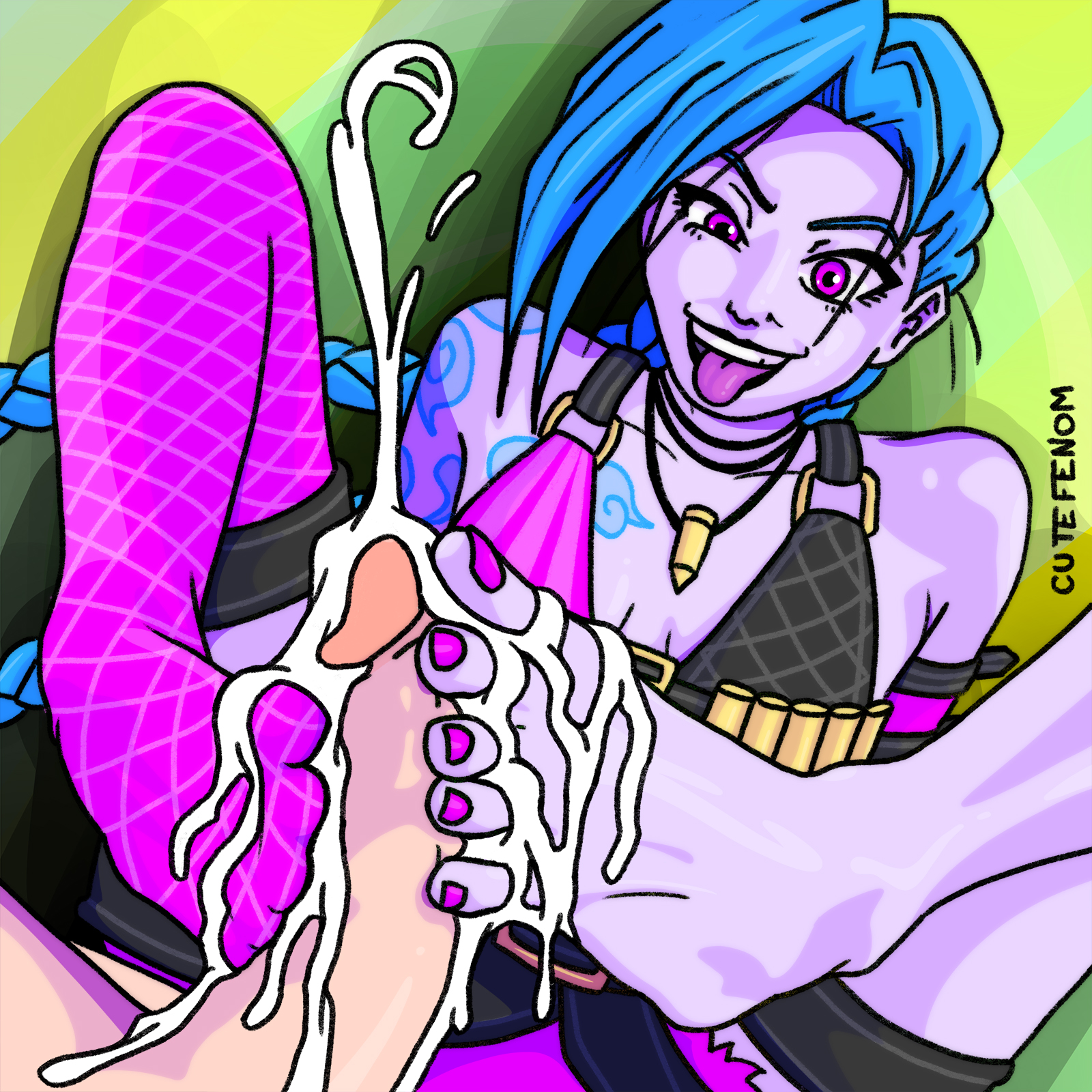 1boy, 1girls, barefoot, blue hair, clothed female nude male, cum, cumshot, cutefenom, feet, female, footjob, jinx (league of legends), league of legends, male, penis, pink eyes, pink toenails, soles, toes, tongue, tongue out