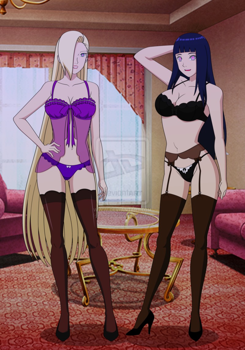 2girls babydoll bangs black_bra black_legwear black_panties blonde_hair blue_eyes blue_hair blunt_bangs bow bow_panties bra breasts brown_legwear carpet cleavage couch female female_only full_body garter_belt garter_straps hair_over_one_eye hand_on_hip heart heart-shaped_pupils high_heels hime_cut human hypnosis hyuuga_hinata indoors ino_yamanaka jimryu lace lace-trimmed_legwear lace_trim large_breasts legs lingerie long_hair looking_at_viewer midriff mind_control multiple_girls naruto naruto_(series) navel negligee open_mouth panties purple_panties shoes smile standing symbol-shaped_pupils thighhighs thighs underwear very_long_hair watermark window