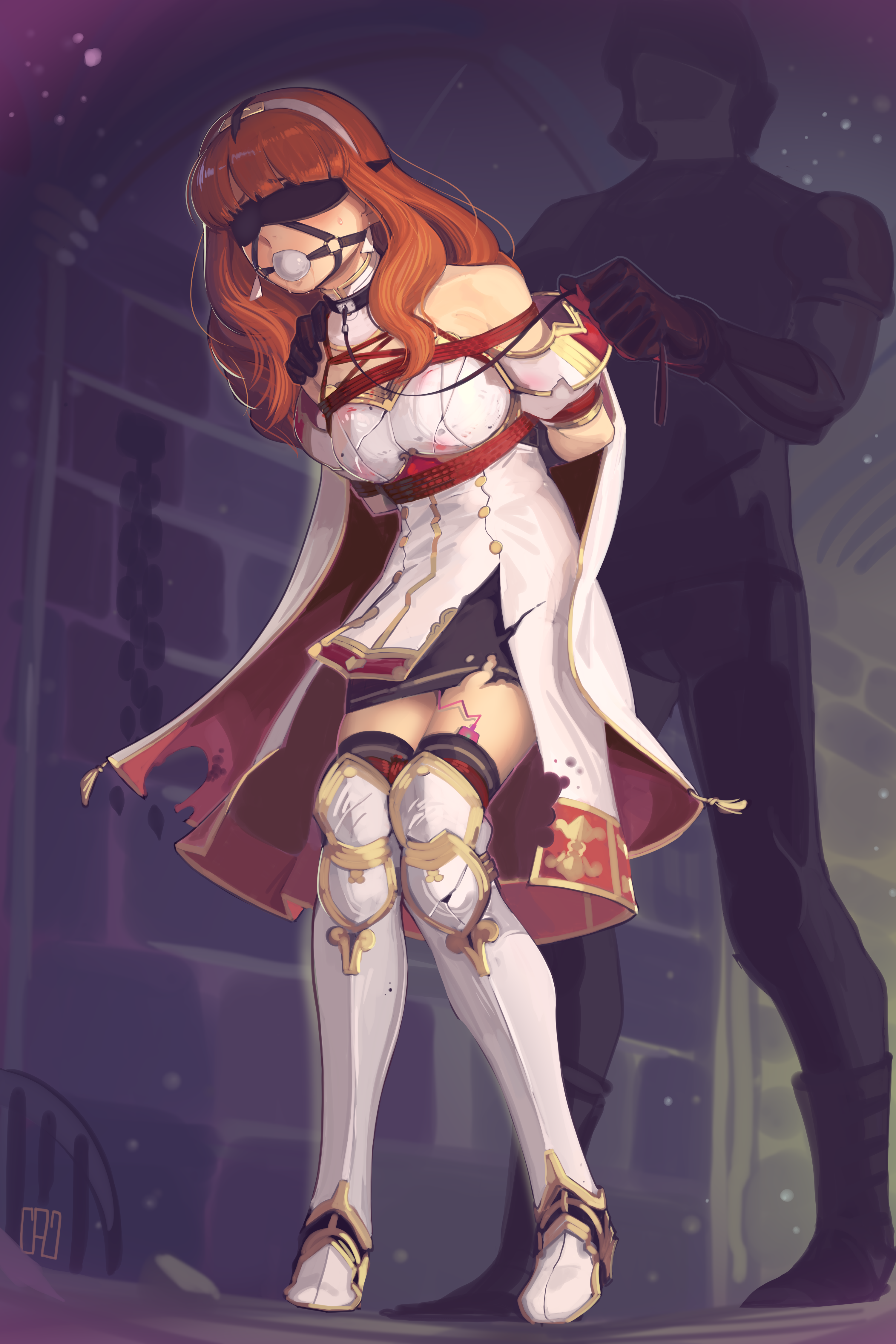 1girls, absurdres, arms behind back, ball gag, bangs, bare shoulders, bare thighs, blindfold, bondage, bondage gear, boots, bound, breasts, cape, captured, celica (fire emblem), collar, drooling, earrings, female, female focus, femsub, fire emblem, fire emblem echoes: shadows of valentia, gag, gagged, hairband, hand on another's shoulder, highres, kaddo, leash, long hair, medium breasts, medium hair, nintendo, orange hair, red rope, restrained, rope, royalty, saliva, saliva trail, sex toy, shibari over clothes, signature, skirt, soldier, solo focus, sweat, thigh boots, thighhighs, thighs, torn clothes, vibrator, vibrator under clothes