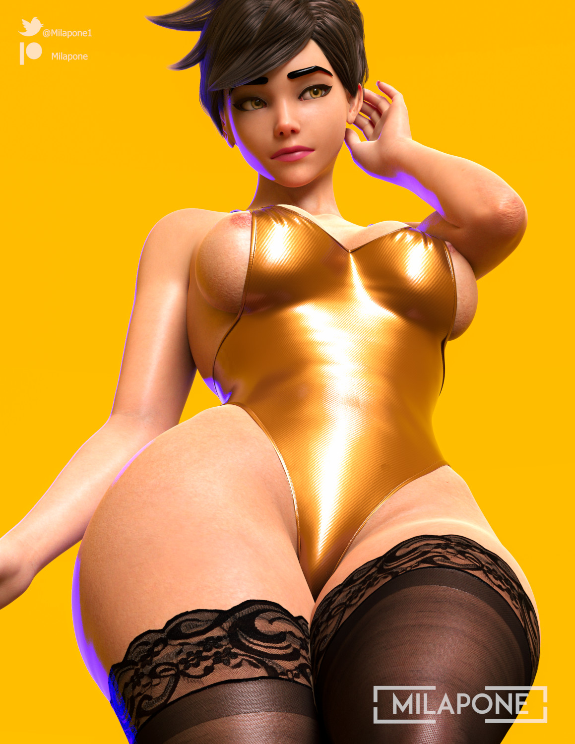 3d, blizzard entertainment, breast press, breasts, bursting breasts, busty, female, female focus, female only, hourglass figure, large breasts, milapone, nipple slip, overwatch, pinup, pinup pose, pose, posing, short hair, solo, thick thighs, thighhighs, tight clothing, tracer, wide hips