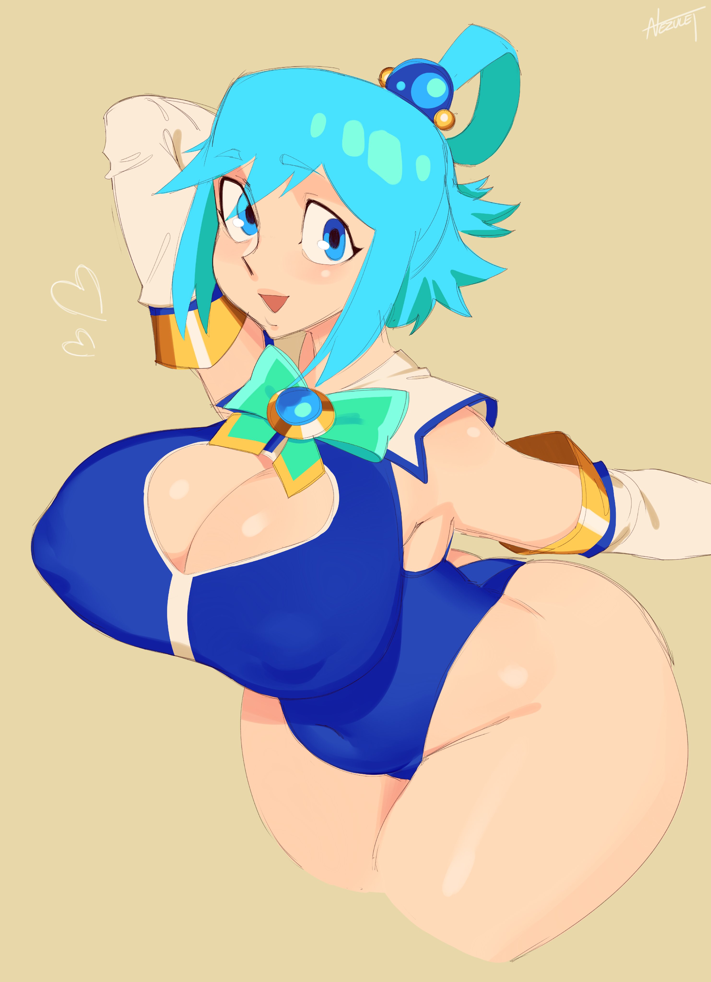 aqua (konosuba), belly, bent over, blue eyes, blue hair, breasts, cleavage, female, heart, kono subarashii sekai ni shukufuku wo!, leotard, light blue hair, looking at viewer, nezulet, nipple bulge, one arm up, open mouth, short hair, simple background, solo, solo female, thick thighs, wide hips