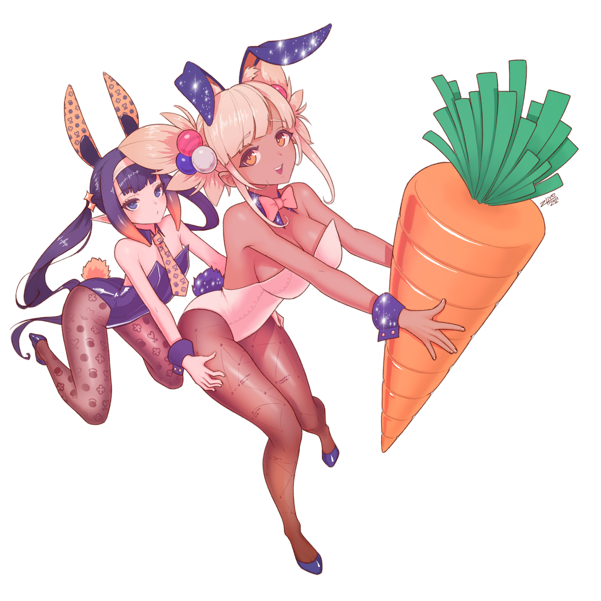 2girls, armwear, ass, big ass, big breasts, blonde hair, blue eyes, bracelet, bracelets, breasts, bunny ears, bunny girl, bunny tail, bunnysuit, carrot, choker, dark skin, dark-skinned female, eyebrows visible through hair, female, female focus, female only, flat chest, flat chested, hair ornament, headband, headgear, heels, high heels, highres, hololive, hololive english, hololive english -council-, hololive myth, light skin, light-skinned female, long hair, looking at viewer, mole, mole under eye, multicolored hair, ninomae ina'nis, orange eyes, orange hair, pale skin, pale-skinned female, pantyhose, pointy ears, purple hair, small breasts, stockings, thick thighs, thighhighs, tie, tsukumo sana, twintails, very high resolution, very long hair, virtual youtuber, white background, zhvo