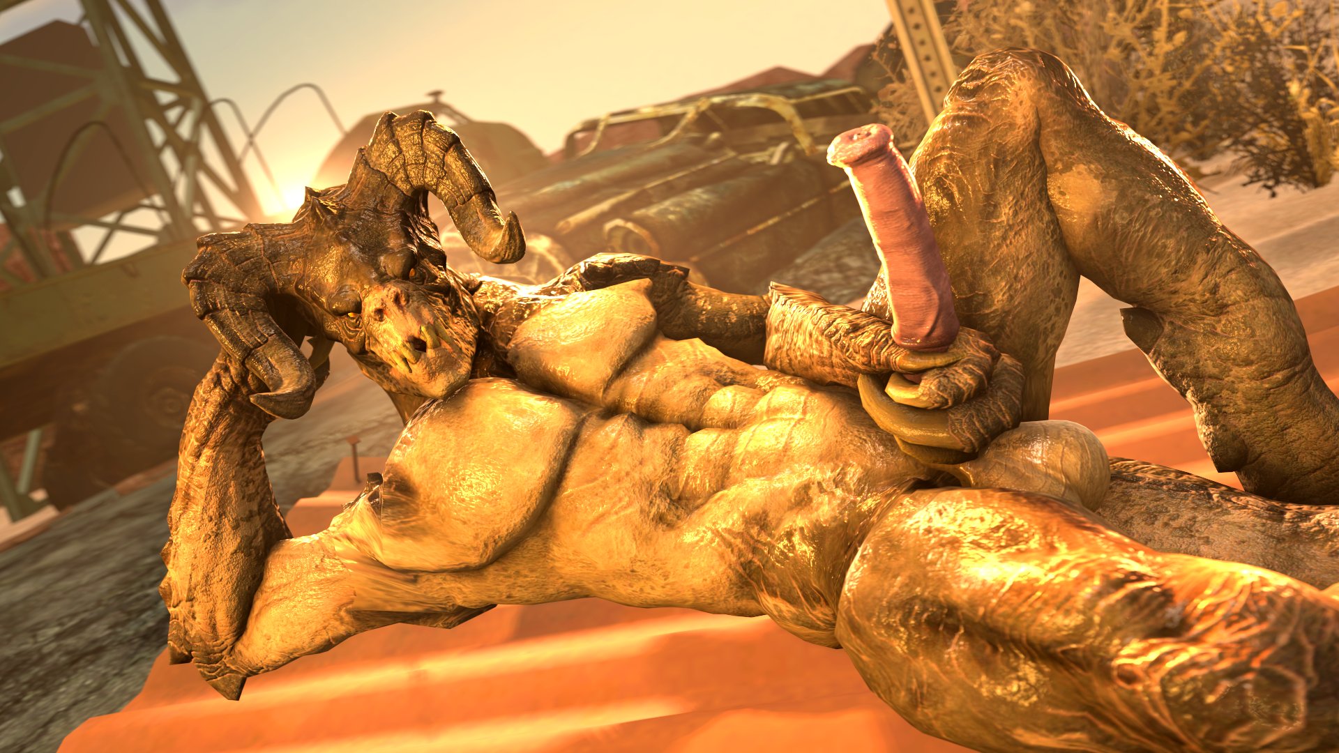 1boy, 3d, 3d (artwork), 3d model, abs, balls, deathclaw, fallout, fallout 4, gay, holding penis, horn, kasdaq, large penis, male, male deathclaw (fallout), male only, monster, penis, scalie, solo, tagme