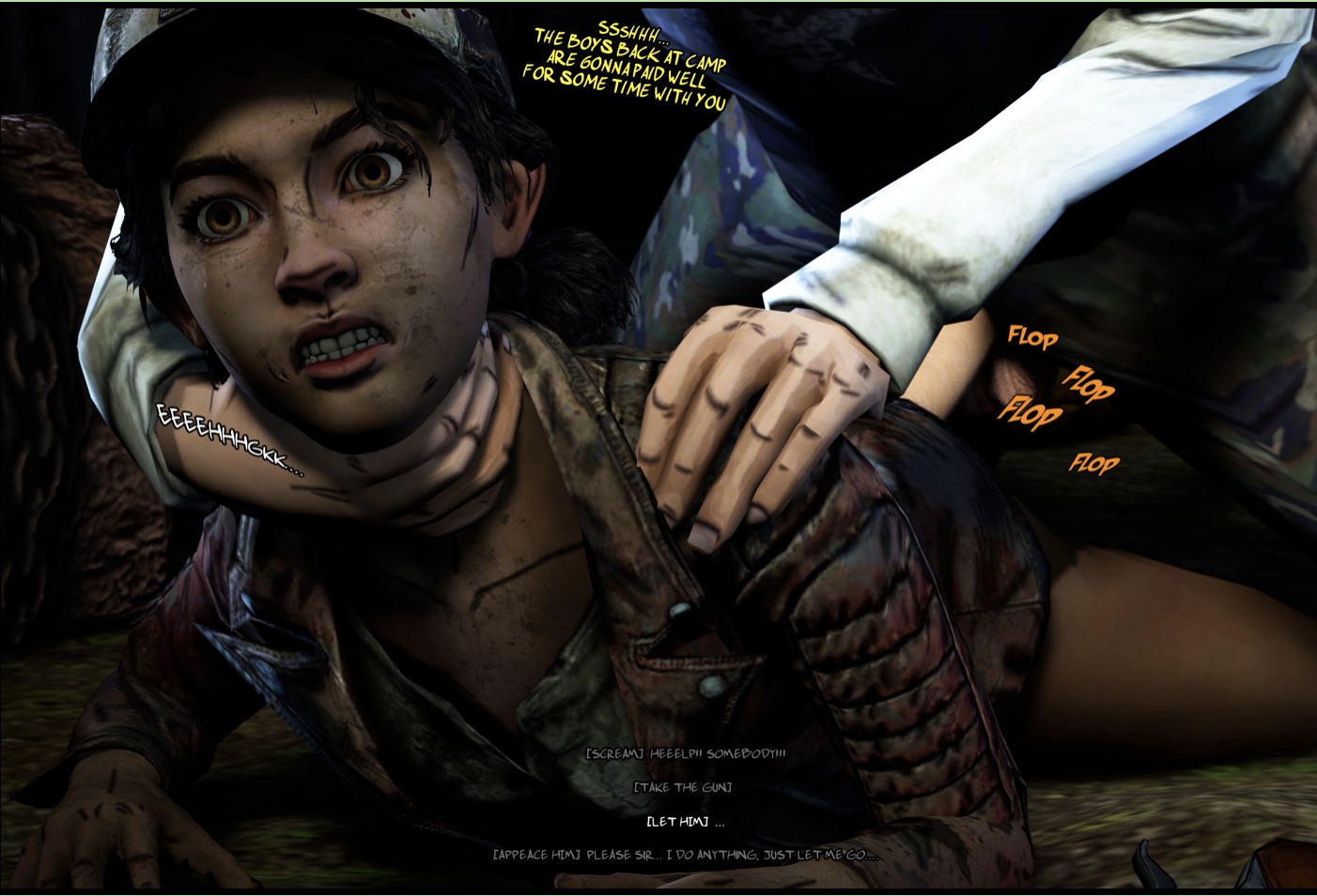 1boy, 1girls, anal, anal penetration, anal rape, anal sex, balls, baseball cap, black hair, brown eyes, brown jacket, camouflage pants, choking, clementine (the walking dead), clenched teeth, clothed, clothed sex, clothing, color, dark hair, dark skin, dark-skinned female, dialogue, dirty, erection, female, firearm, forced, from behind, hair bun, hat, human, implied anal, interracial, jacket, lenaid, light skin, light-skinned female, male, male/female, medium hair, mud, on ground, on stomach, open eyes, pants, penis, prone bone, rape, scared, strangling, teenage female, teenager, teeth, text, the walking dead, the walking dead game, uncensored, video games, young