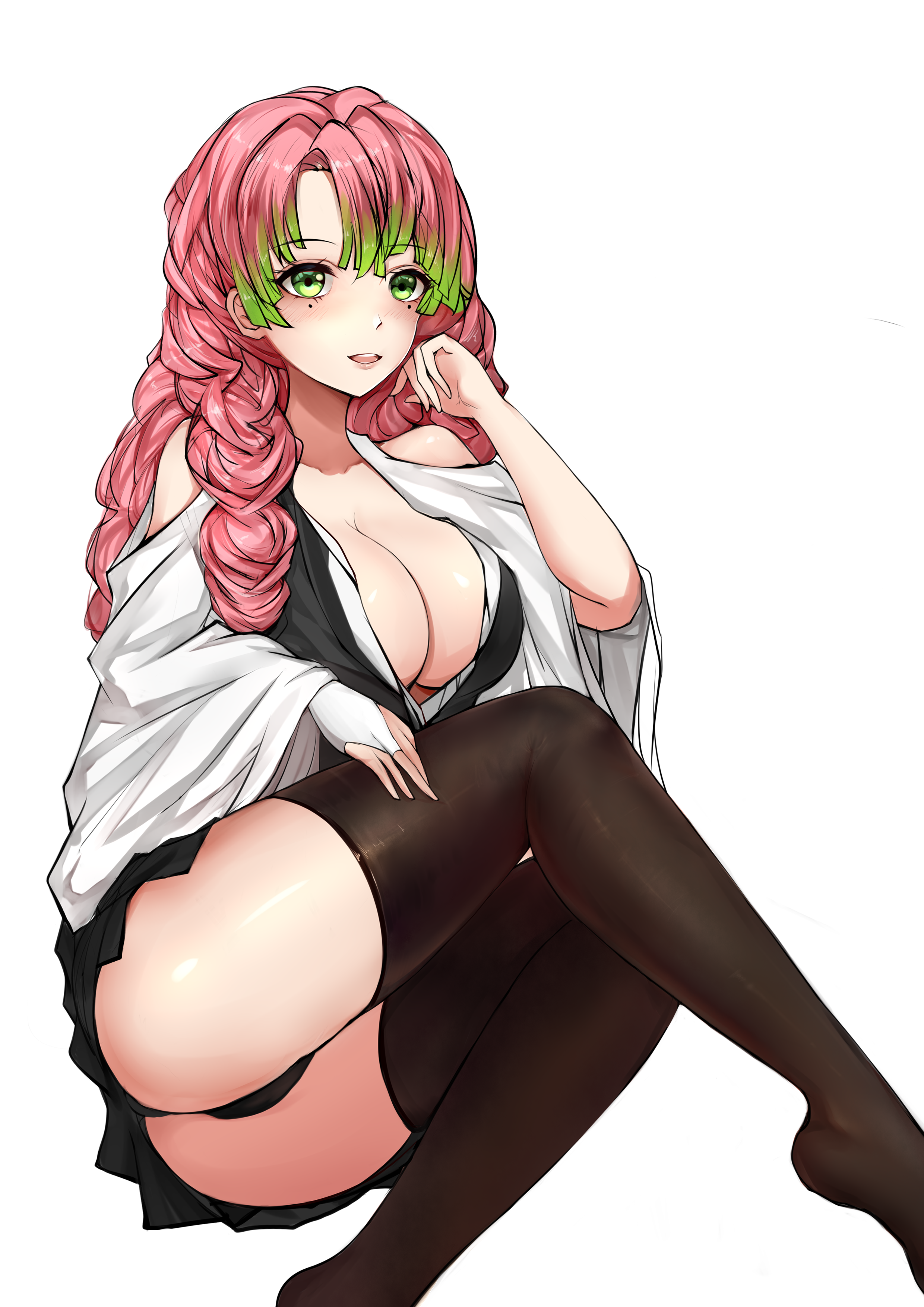 1girls, alternate costume, aozora emi, bad anatomy, bare shoulders, big breasts, black legwear, black panties, black thighhighs, braided hair, breasts, cleavage, crossed legs, demon slayer, female, female only, green eyes, hi res, kanroji mitsuri, kimetsu no yaiba, long hair, looking at viewer, mole under eye, no bra, open shirt, panties, pink hair, pink-haired female, sitting, solo, thighhighs, two-tone hair, white background