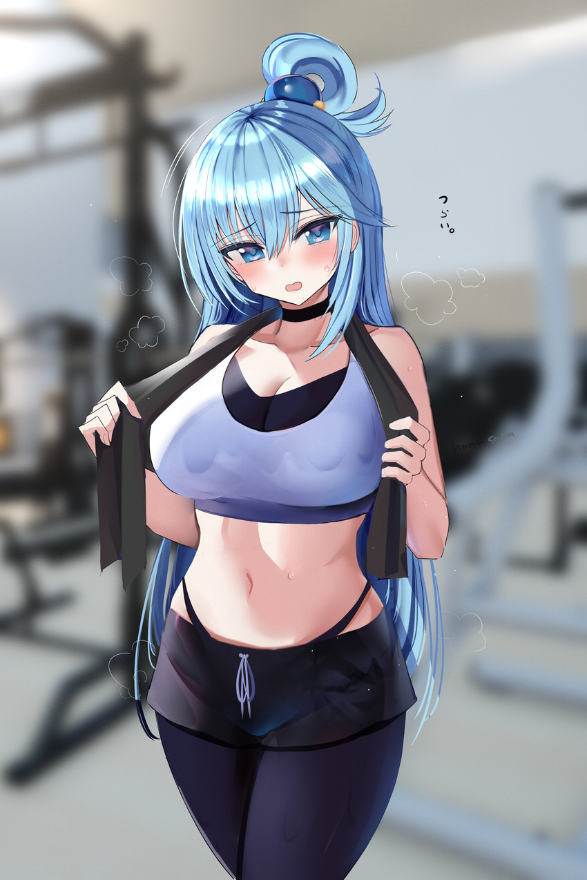 aqua_(konosuba) blurry_background blush gym hanasaka_houcha high_resolution highres kono_subarashii_sekai_ni_shukufuku_wo! open_mouth panties workout_clothes