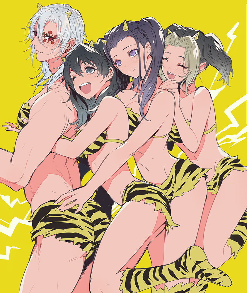 1boy 3girls alternate_costume ambush_(trap) bikini black_hair breast_press breast_squish canon_couple crossdressing demon_slayer facial_mark female hair_down hinatsuru_(kimetsu_no_yaiba) horns husband_and_wife husband_and_wives iwatokko kimetsu_no_yaiba lum_(cosplay) makio_(kimetsu_no_yaiba) male married_couple mole_under_eye muscular_male purple_eyes red_eyes silver_hair smile suma_(kimetsu_no_yaiba) the_wives_(kimetsu_no_yaiba) twintails two_tone_hair uzui_tengen wholesome wink yellow_background