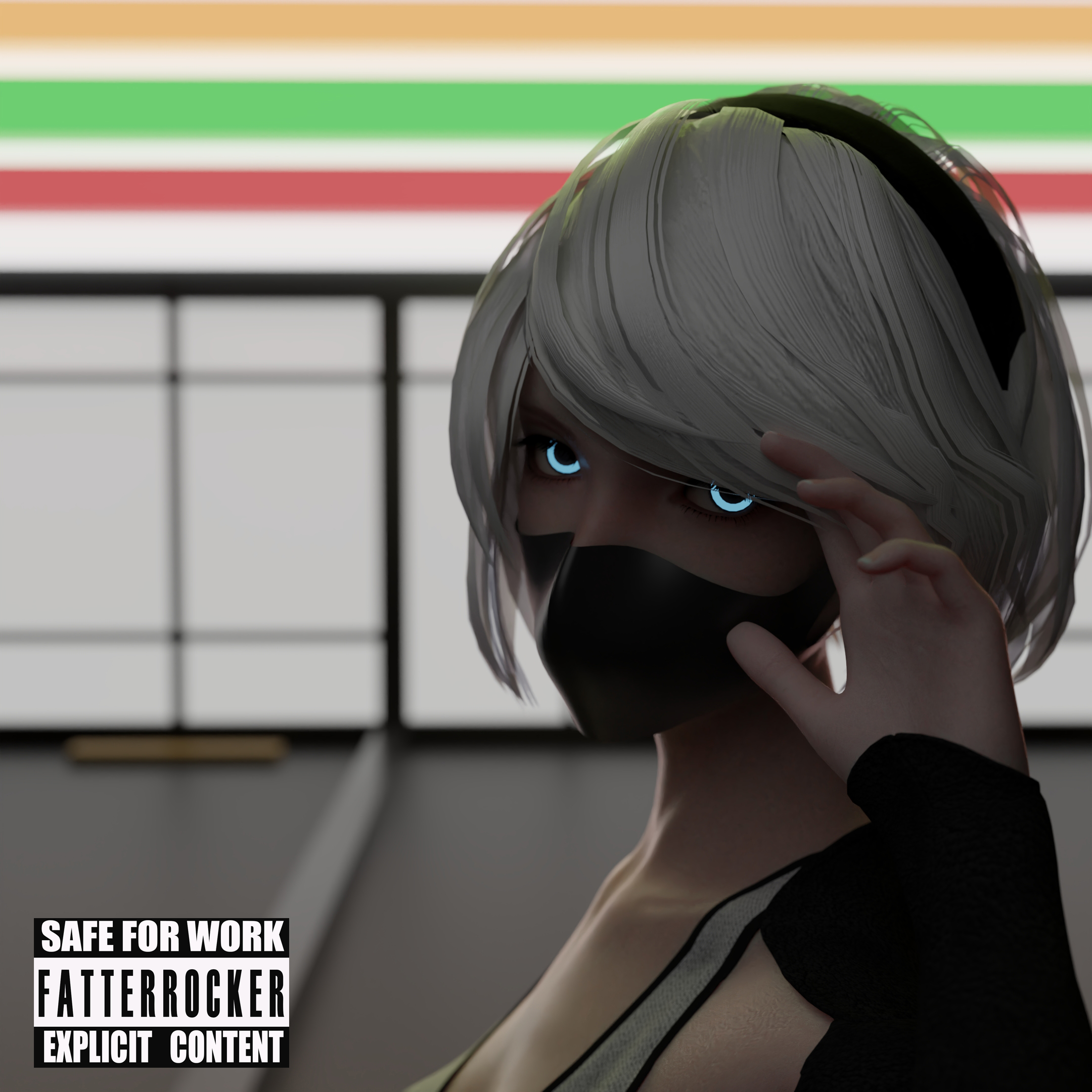 3d, blue eyes, facemask, fatterrocker, female, glowing eyes, nier: automata, self upload, tagme, white hair, white skin, yorha 2b