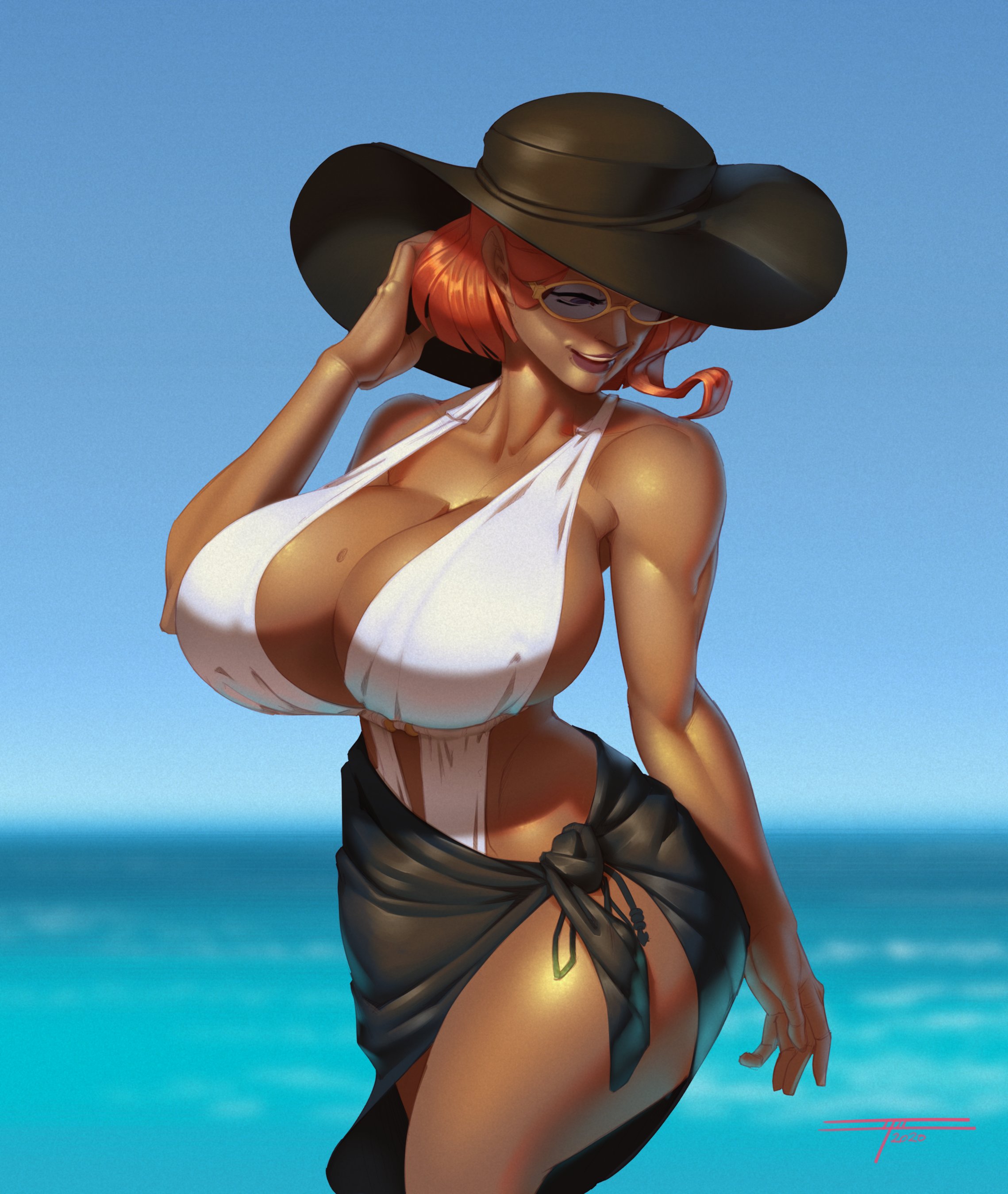1girls, beach, beauty mark, breasts, brown skin, female, female only, final fantasy, final fantasy xiv, glasses, huge breasts, milf, original character, purple eyes, red hair, roegadyn, sarong, sea, slingshot swimsuit, soothing ruby, summer hat, swimsuit, taboolicious, wide hips