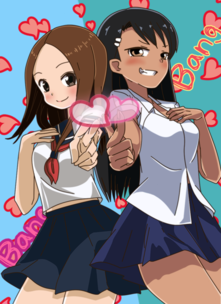 2girls, black hair, blush, brown eyes, brown hair, clothed, clothing, crossover, english text, female, female focus, female only, hayase nagatoro, hi res, karakai jouzu no takagi-san, looking at viewer, multiple females, multiple girls, nonbiri jirou, please don't bully me, nagatoro, pose, revealing clothes, simple background, smile, takagi-san, text