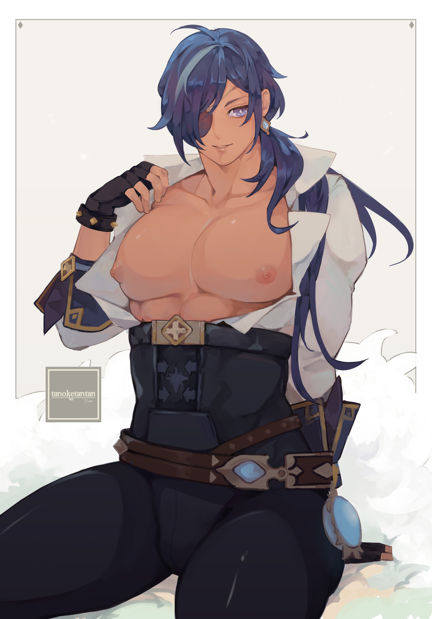 1boy, ambush (trap), androgynous, blue eyes, blue hair, breasts, eyepatch, fingerless gloves, genshin impact, gloves, kaeya (genshin impact), large pectorals, long hair, looking at viewer, male, male only, muscular, muscular chest, muscular femboy, muscular trap, nipples, oketan, pecs, ponytail, smile, solo