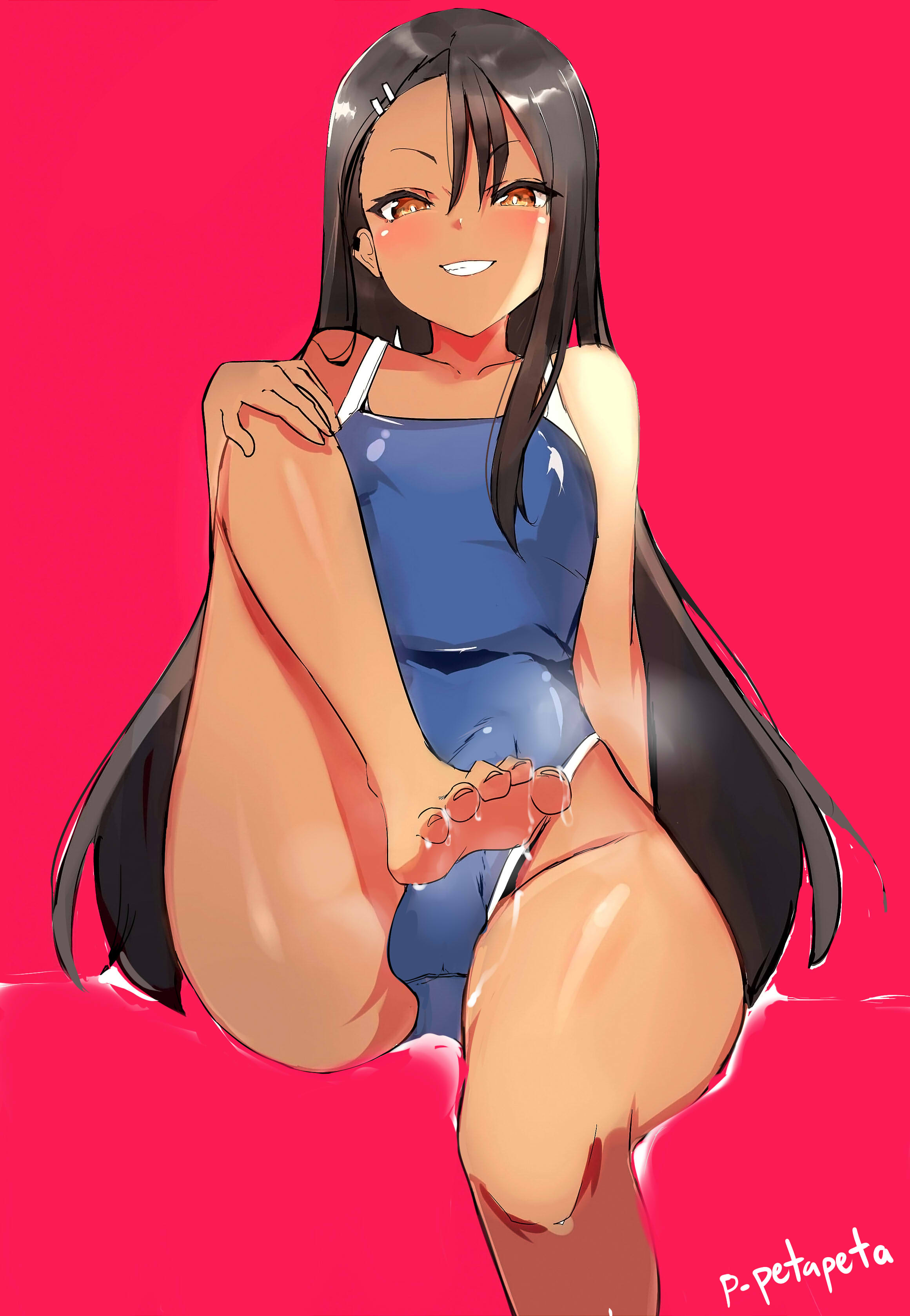 1futa, black hair, blush, breasts, brown eyes, clothed, clothing, futa focus, futa only, futanari, hi res, intersex, long hair, looking at viewer, nebaneba, pose, revealing clothes, simple background, small breasts, smile, solo, swimsuit, watermark, wide hips