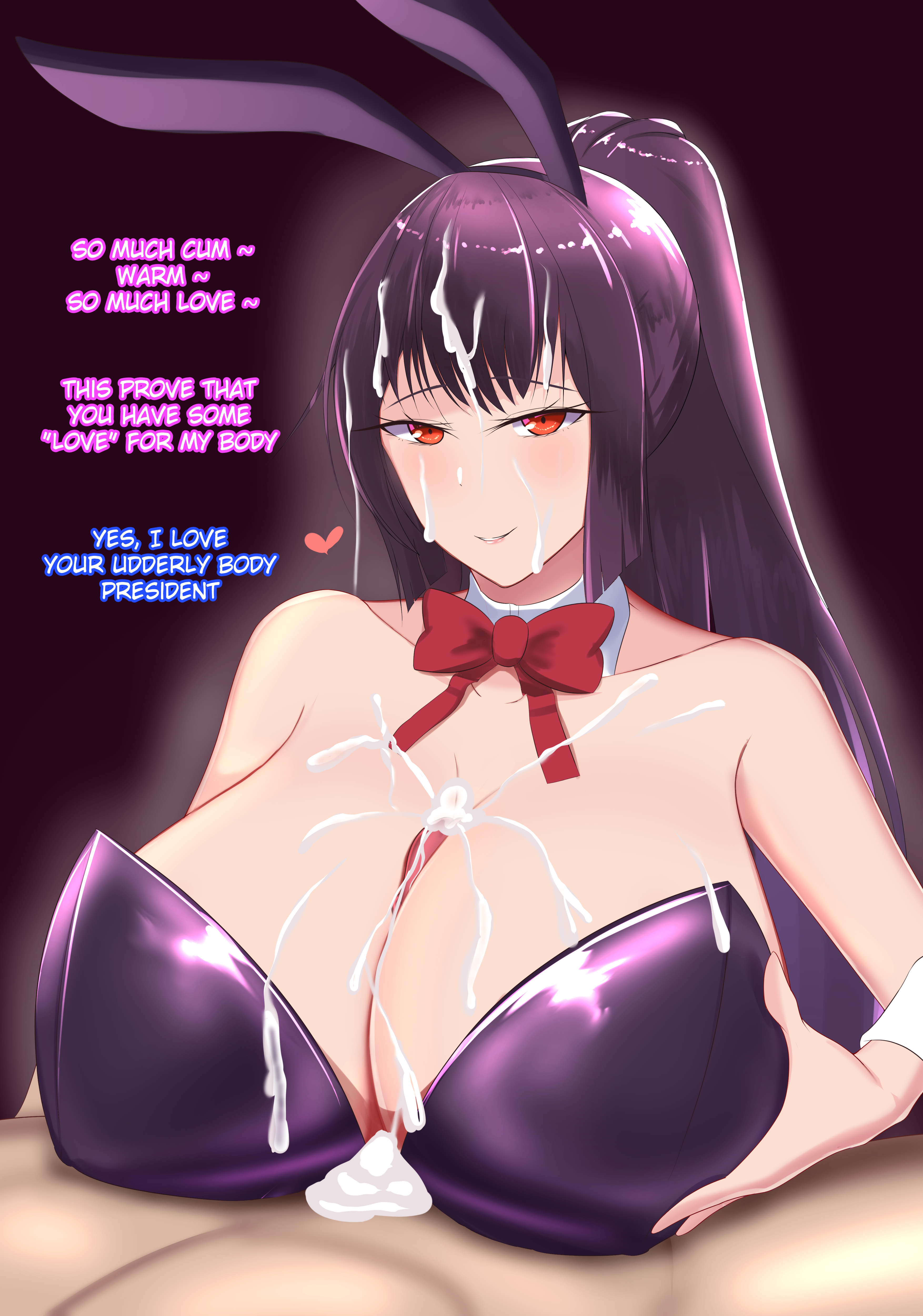 1boy, 1girls, big breasts, black background, blush, breasts, bunnysuit, cleavage, clothed, clothing, cum, cum on body, cum on face, english text, erection, female, hi res, long hair, male, naoto hachioji (senpai), paizuri, penis, please don't bully me, nagatoro, president (nagatoro), purple hair, red eyes, revealing clothes, sana sunomiya, simple background, smile, suppuri, text, titjob