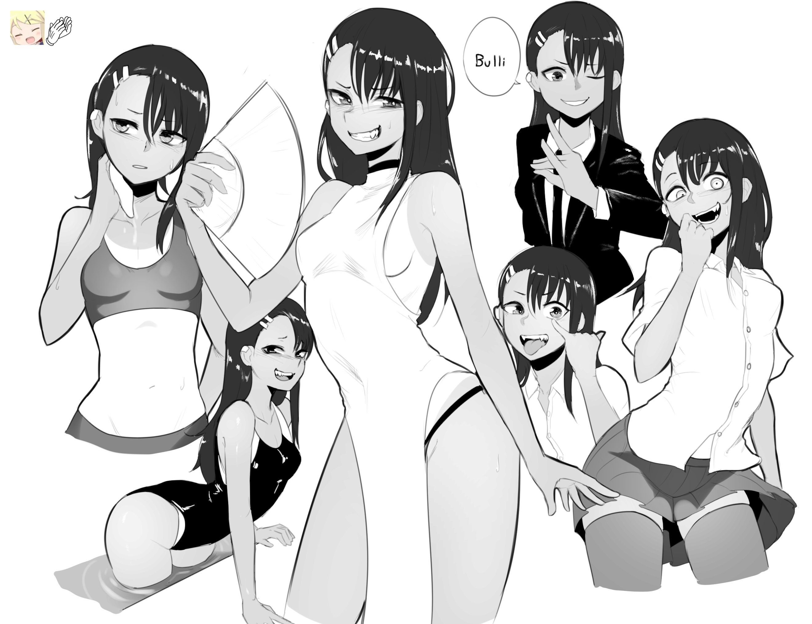 1girls, beach, black hair, blush, breasts, cleavage, clothed, clothing, english text, female, female focus, female only, hayase nagatoro, hi res, long hair, looking at viewer, navel, nyxkz, open mouth, please don't bully me, nagatoro, pose, revealing clothes, simple background, small breasts, solo, swimsuit, tanline, tanned, text, watermark, white background