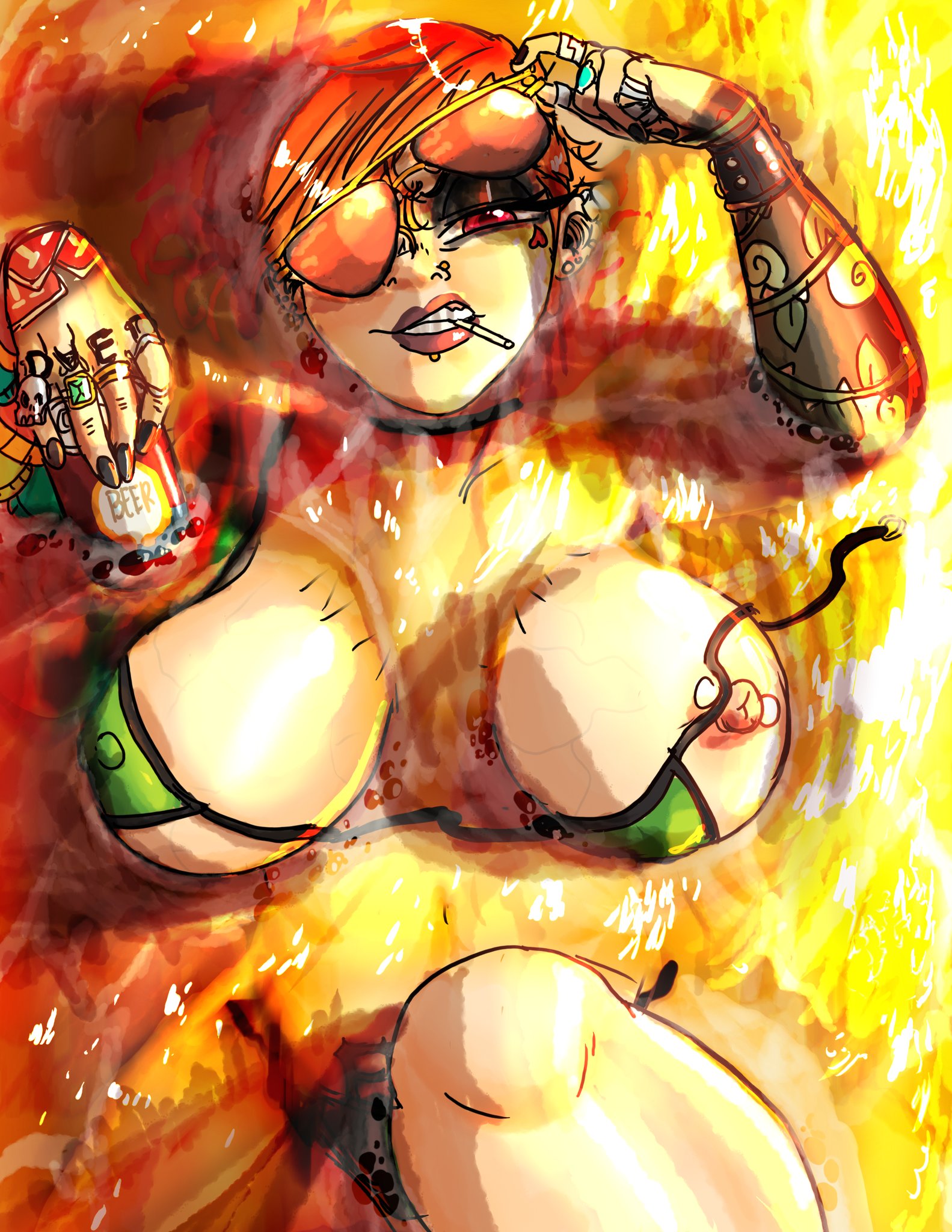 1girls, areolae, arm tattoo, beer, beer can, big breasts, bikini, breasts, cigarette, female, glasses, light skin, light-skinned female, looking at viewer, nickelodeon, nipple piercing, nipples, partially submerged, piercing, smmyart, straight hair, tattoo, the fairly oddparents, vicky (fairly odd parents)
