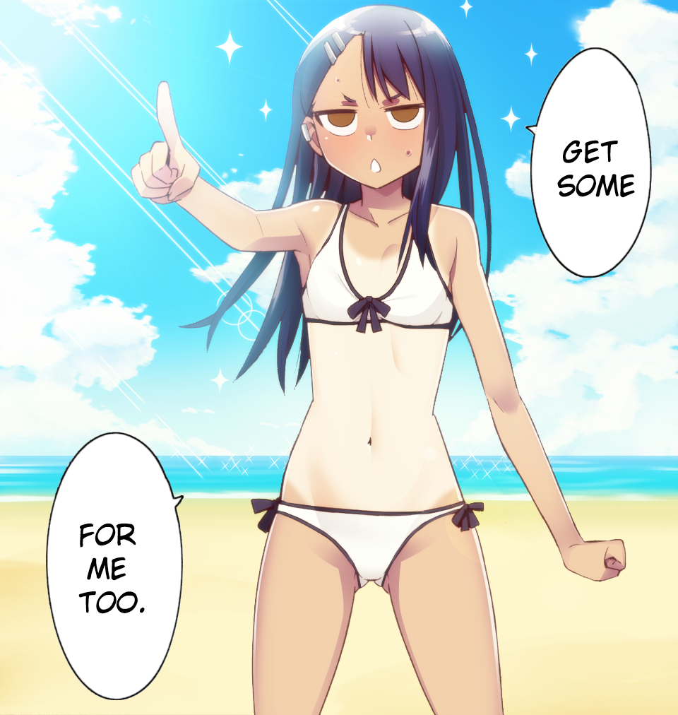 1girls beach bikini black_hair blush breasts brown_eyes clothed clothing english_text female_focus female_only gazing_eye hayase_nagatoro hi_res long_hair looking_at_viewer navel open_mouth please_don't_bully_me,_nagatoro revealing_clothes small_breasts solo tanline tanned text