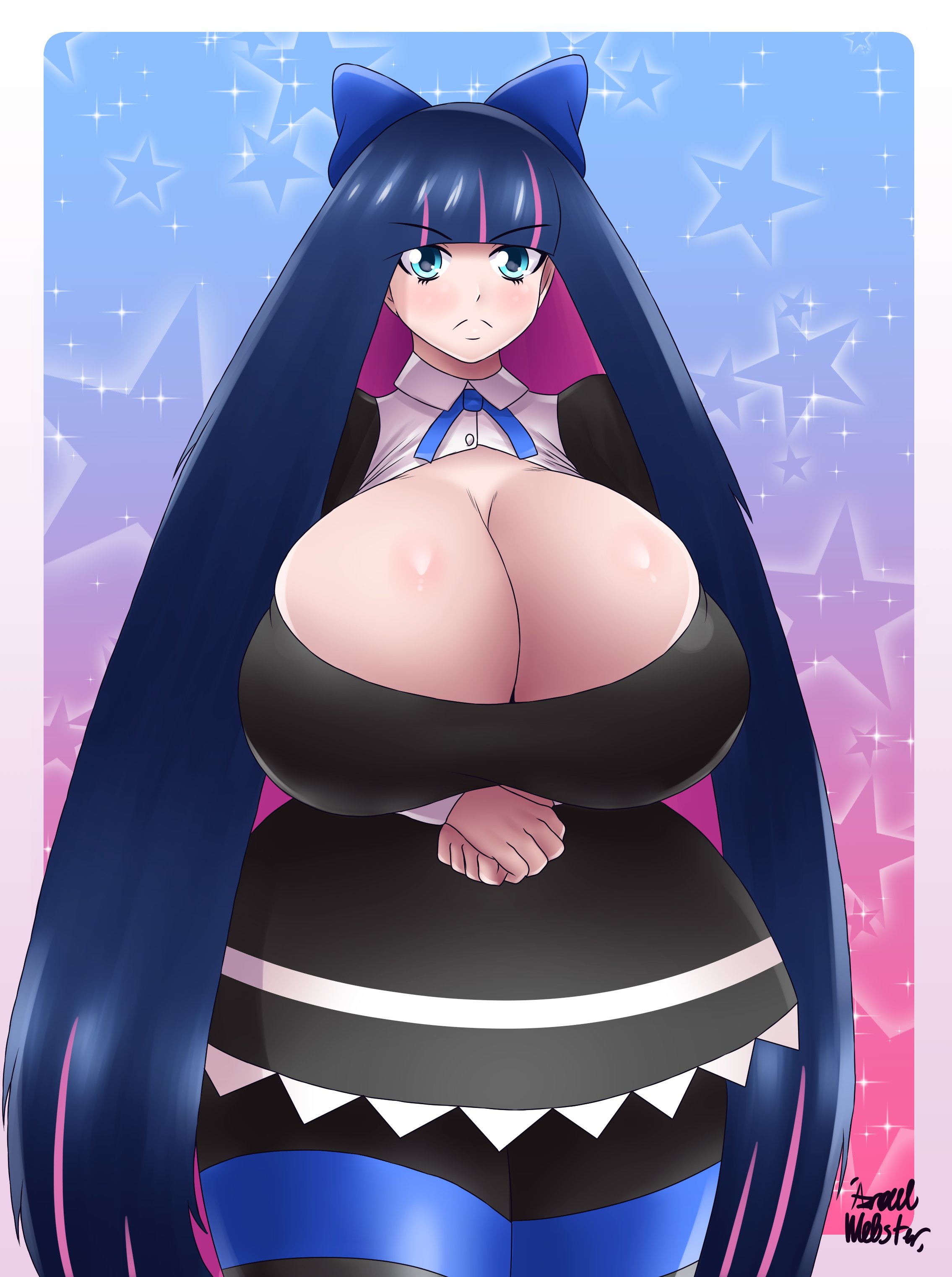1girls, aqua eyes, artist signature, azraelwebster, bangs, big breasts, blush, bow, breasts, cleavage, clothed, clothed female, eyebrows visible through hair, female, female only, gigantic breasts, goth, hair ribbon, hairbow, huge breasts, huge hips, huge thighs, long hair, looking at viewer, massive breasts, multicolored hair, panty & stocking with garterbelt, pink hair, purple hair, skirt, solo, solo female, standing, stocking anarchy, stockings, striped, striped legwear, two-tone hair, very long hair
