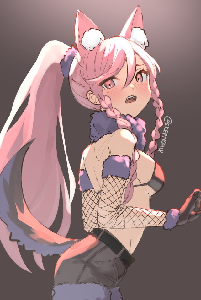 1girls alternate_hairstyle animal_ear_fluff animal_ears back bangs bikini bikini_top black_bikini black_gloves black_shorts blush braid breasts female fire_emblem fire_emblem_awakening fishnet_gloves fishnets fur_trim gloves gradient gradient_background grey_background hair_between_eyes long_hair nintendo olivia_(fire_emblem) pink_eyes pink_hair ponytail shorts side_braids simple_background skeptycally solo swimsuit tail twin_braids twitter_username