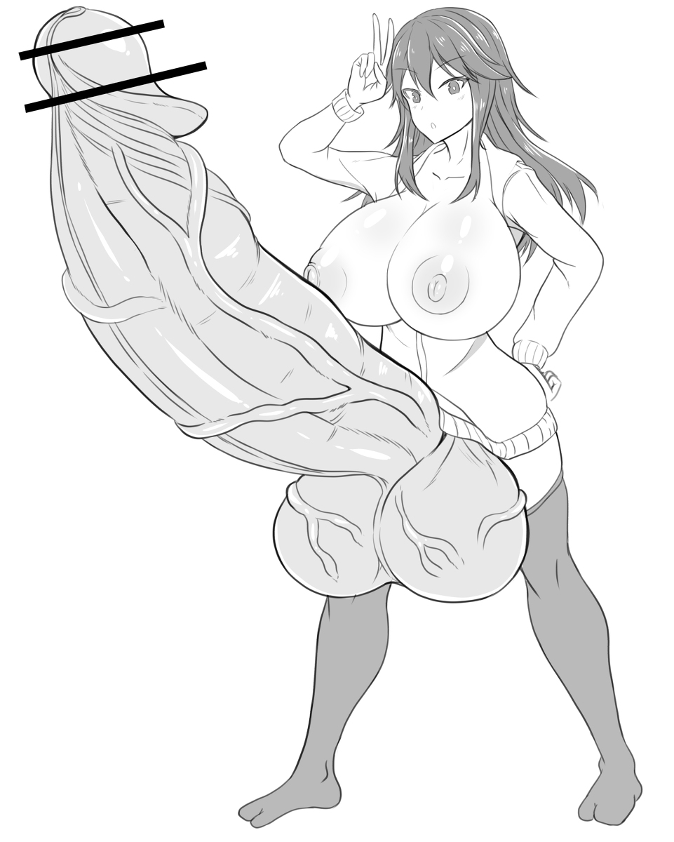 1futa balls bar_censor big_breasts bottomless breast_expansion censored clothed clothing erection futa_only futanari huge_balls huge_cock human hyper hyper_penis monochrome mostly_clothed peace_sign penis penis_bigger_than_body penis_longer_than_knee pesshin smiling solo standing thighhighs v veiny_testicles wardrobe_malfunction