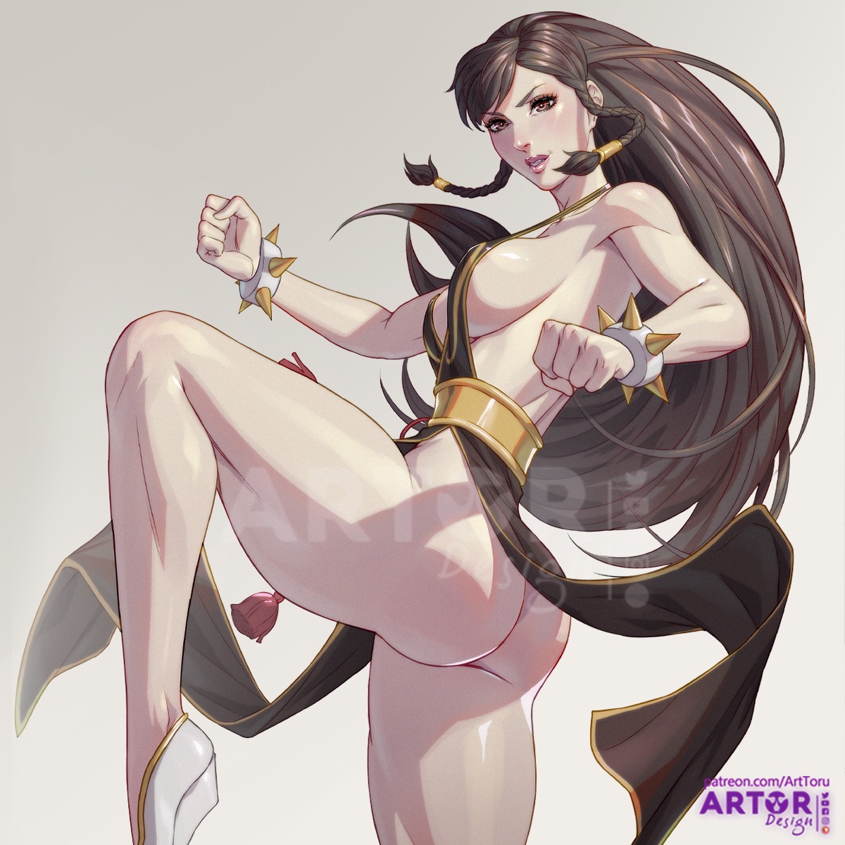 1girls, alternate costume, alternate hairstyle, arttoru, ass, black dress, breasts, brown hair, capcom, chinese dress, chun-li, chun-li (battle ouffit sfv), female, female only, leg lift, no panties, sideboob, solo, solo female, street fighter, street fighter v, tagme, very long hair, watermark