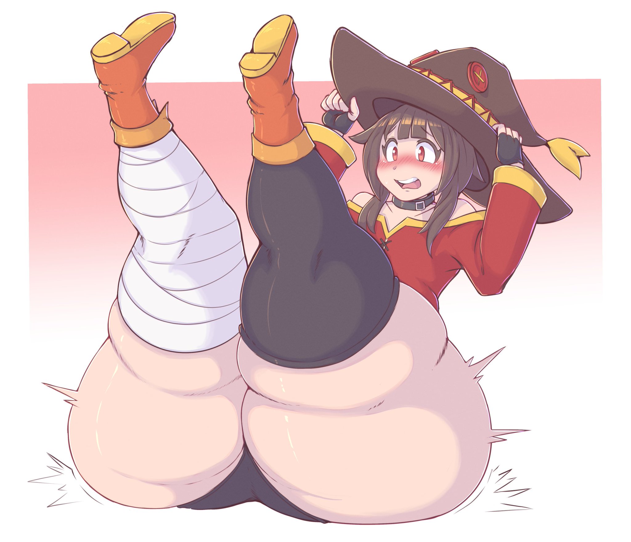 1girls, ass, ass expansion, big ass, big butt, big thighs, blush, blushing, bottom heavy, brown hair, bubble ass, bubble butt, clothed, female, female focus, female only, flat chest, hat, huge ass, huge thighs, kittenboogers, kono subarashii sekai ni shukufuku wo!, megumin, red eyes, short hair, solo, solo female, solo focus, thick thighs, thighhigh socks, thighhighs, thighs