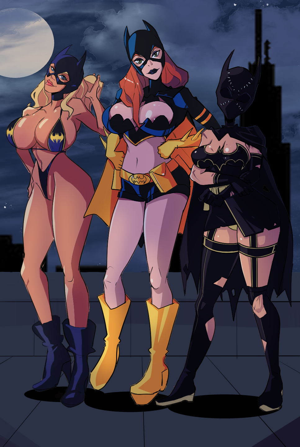 3girls barbara_gordon batgirl batgirl_(cassandra_cain) batman_(series) big_ass big_breasts big_butt bikini blonde_hair blue_eyes cape cassandra_cain cleavage cleavage_cutout colored dark_lipstick dc dc_comics female female_only gloves green_eyes heels hourglass_figure huge_breasts light-skinned_female mask masked multiple_girls night red_hair scar scars scars_all_over shorts stephanie_brown tan_skin thesquiddycipher