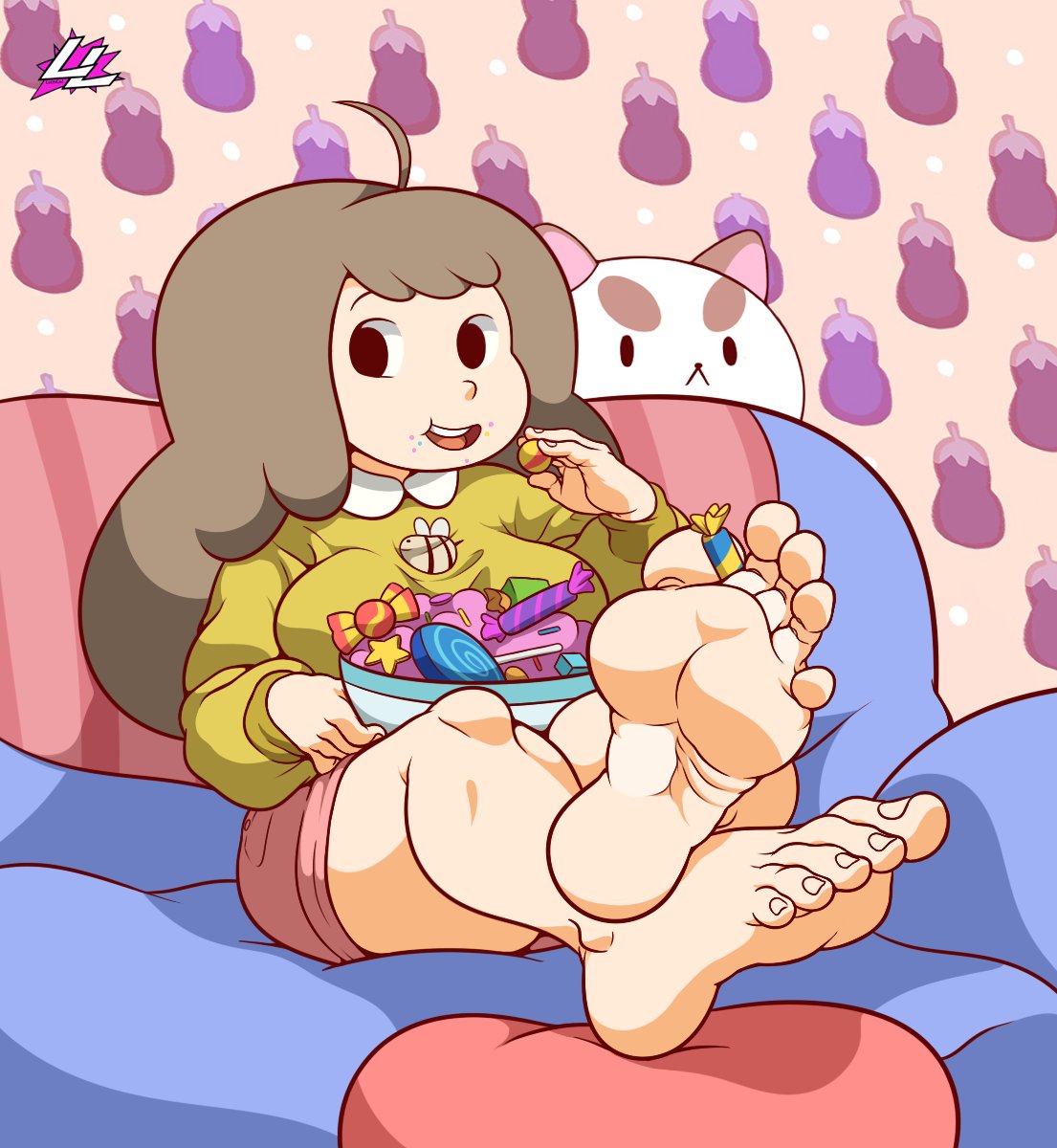 1girls barefoot bee_(bee_and_puppycat) bee_and_puppycat between_toes big_breasts candy cartoon_hangover duo eating eating_candy feet feet_towards_viewer female foot_fetish foot_focus human lazerzoid looking_at_viewer overly_detailed_feet puppycat soles solo_focus toes toes_spread when_you_see_it