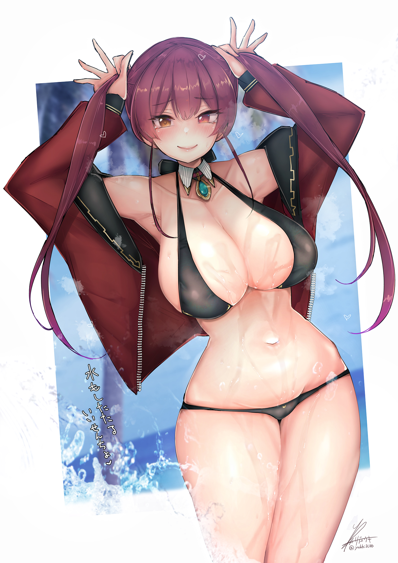 1girls, 2021, bare shoulders, bikini, black bikini, breasts, cleavage, collar, curvy, eyebrows visible through hair, female, female focus, female only, heterochromia, highres, hololive, hololive fantasy, hololive japan, houshou marine, jacket, jacket partially removed, jewelry, large breasts, legs together, long hair, narrow waist, navel, playing with own hair, plump, red eye, red hair, rib:y (uhki), smile, solo, solo female, splashing, swimsuit, thick thighs, thighs, twintails, unzipped, virtual youtuber, wet, wet body, wet skin, yellow eye