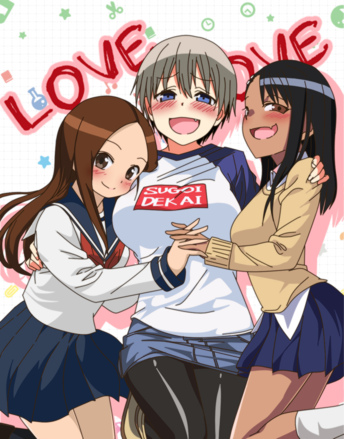 3girls, big breasts, black hair, blush, breasts, brown hair, busty, cleavage, clothed, clothing, curvy, english text, female, female focus, female only, hayase nagatoro, japanese text, karakai jouzu no takagi-san, long hair, looking at viewer, multiple females, multiple girls, nonbiri jirou, open mouth, please don't bully me, nagatoro, pose, revealing clothes, school uniform, short hair, silver hair, simple background, smile, takagi-san, text, translated, trio, uzaki hana, uzaki-chan wa asobitai!, white background, wide hips