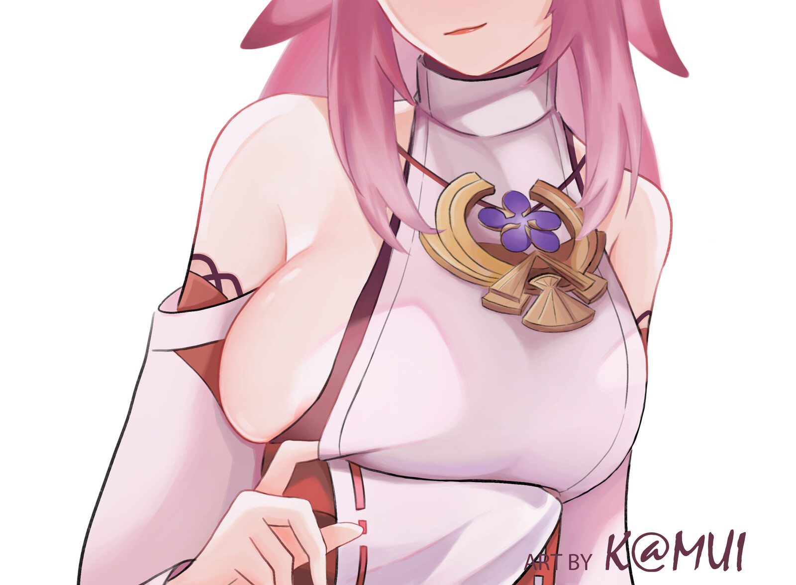 1girls, animal ears, areola slip, areolae, bare shoulders, blurry background, blush, breast hold, breasts, covering breasts, female, female only, genshin impact, hair between eyes, highres, japanese clothes, jewelry, k@mui, large breasts, long hair, long nails, long sleeves, looking at viewer, makeup, mihoyo, miko, nail polish, navel, nipples, nude, nude female, pink hair, pink lips, presenting breasts, purple eyes, sash, solo, sweat, tagme, upper body, wide sleeves, yae miko