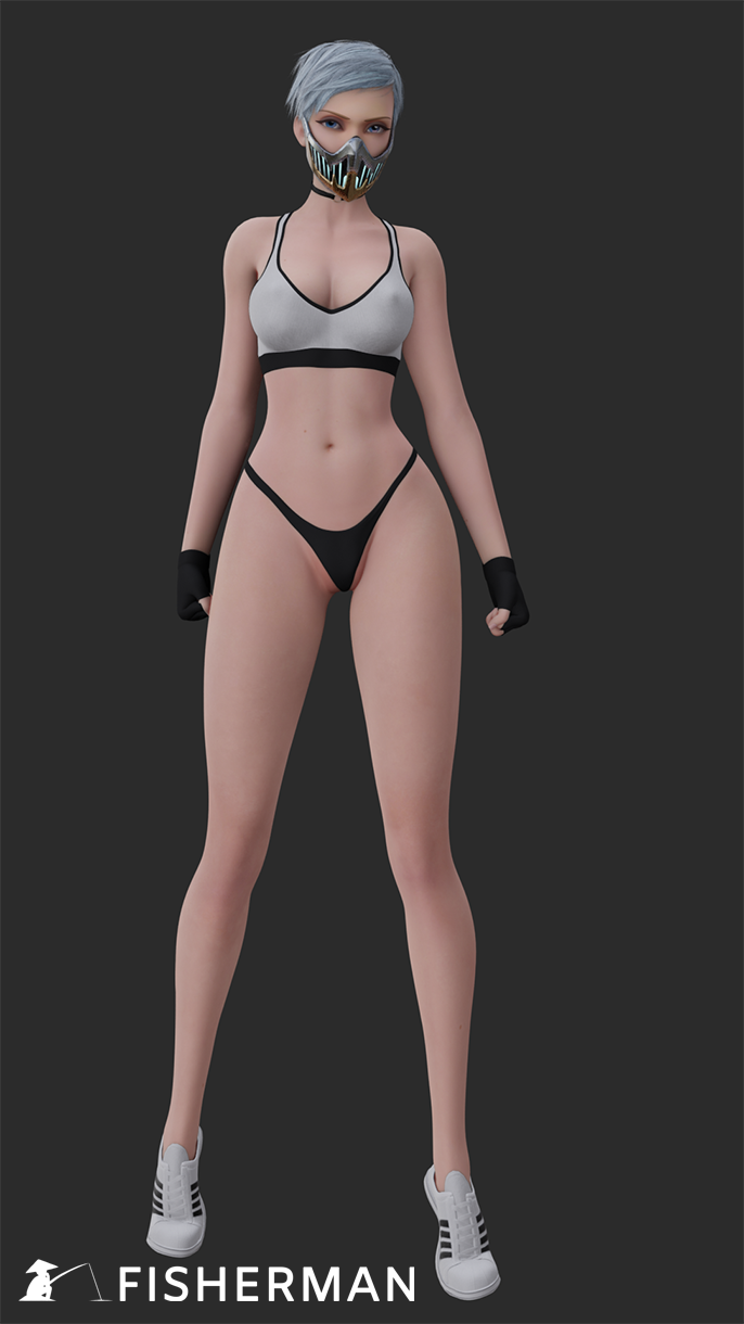 1girls 3d big_breasts black_thong blender blue_hair bra female female_only fisherman frost_(mortal_kombat) gloves light-skinned_female light_skin mortal_kombat mortal_kombat_11 necklace pixie_cut shoes short_hair solo sports_bra sportswear thong watermark white_bra