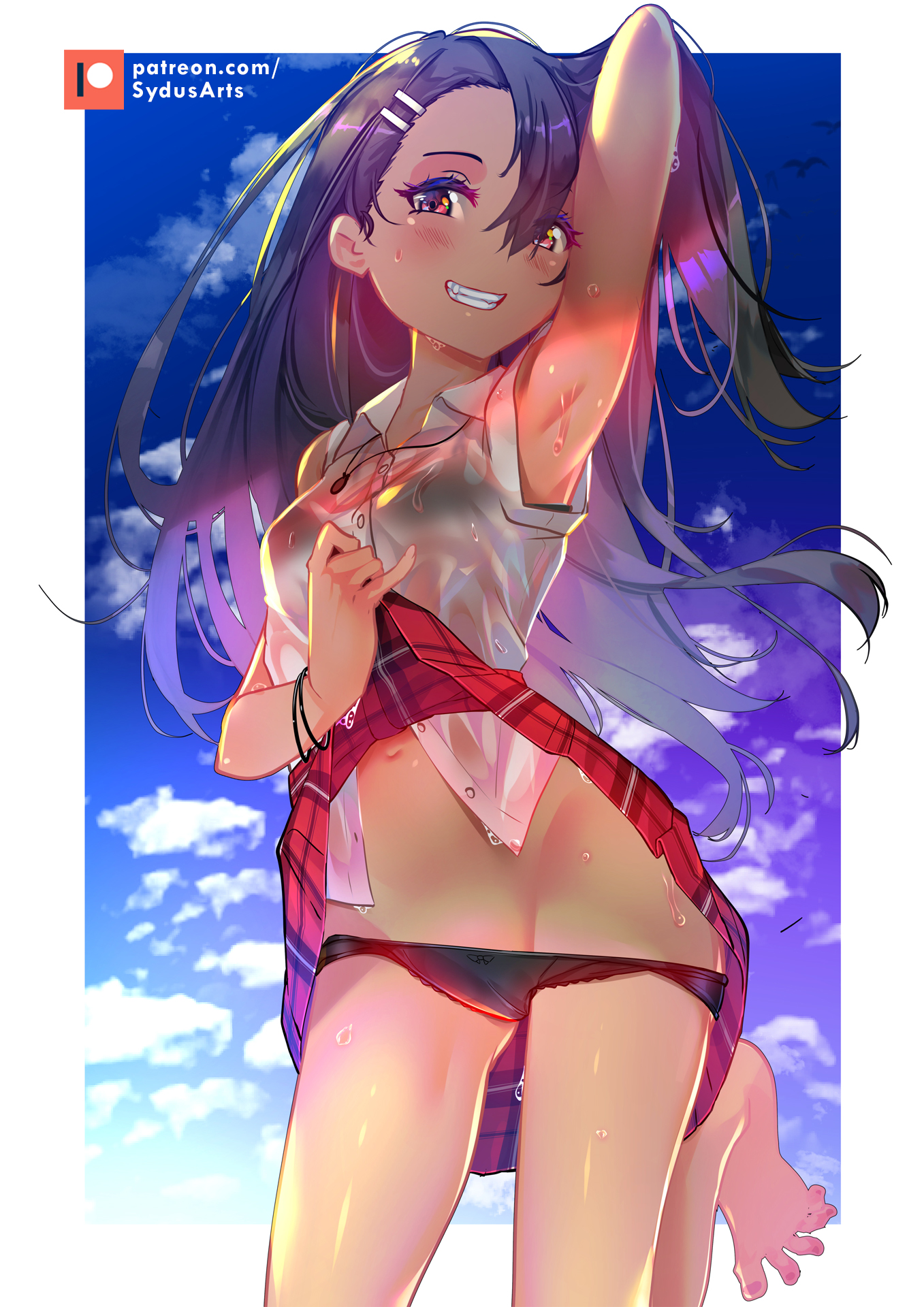 1girls, armpits, barefoot, black hair, black panties, blush, breasts, brown eyes, clothed, clothing, cloud, feet, female, female focus, female only, hayase nagatoro, hi res, long hair, looking at viewer, panties, please don't bully me, nagatoro, pose, red skirt, revealing clothes, see-through, simple background, skirt, skirt lift, sky, small breasts, smile, solo, sydus, transparent clothing, watermark, wet clothes