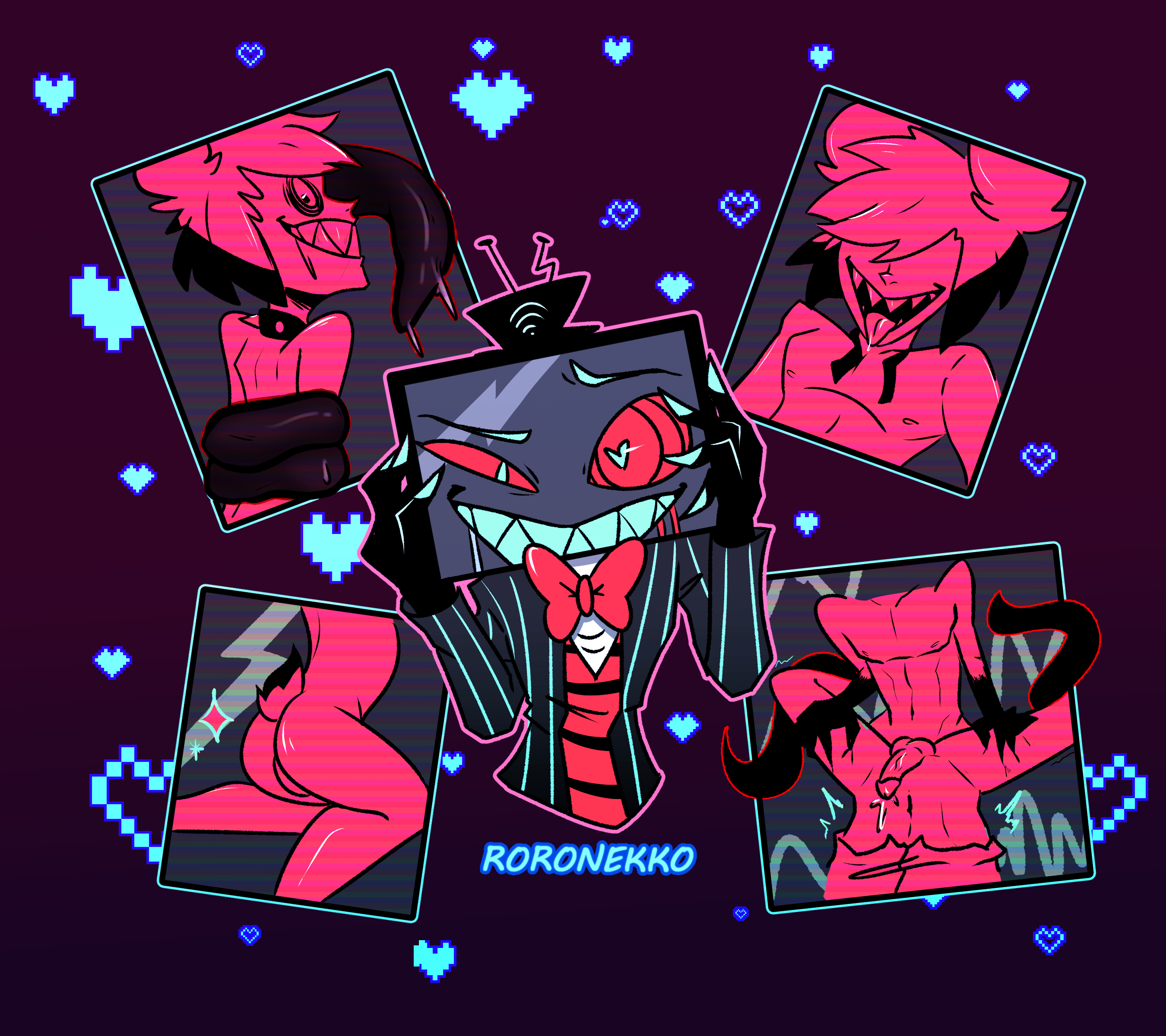 2boys, ahe gao, alastor (hazbin hotel), anal, anal sex, ass, balls, big ass, big butt, cock, collar, demon, gay, hazbin hotel, heart, male, male only, male/male, missionary position, naked, nude, penis, roronekko, sharp teeth, smile, smiling, smooth skin, spread legs, tail, tentacle, thighs, tongue, tongue out, vox (hazbin hotel), yaoi