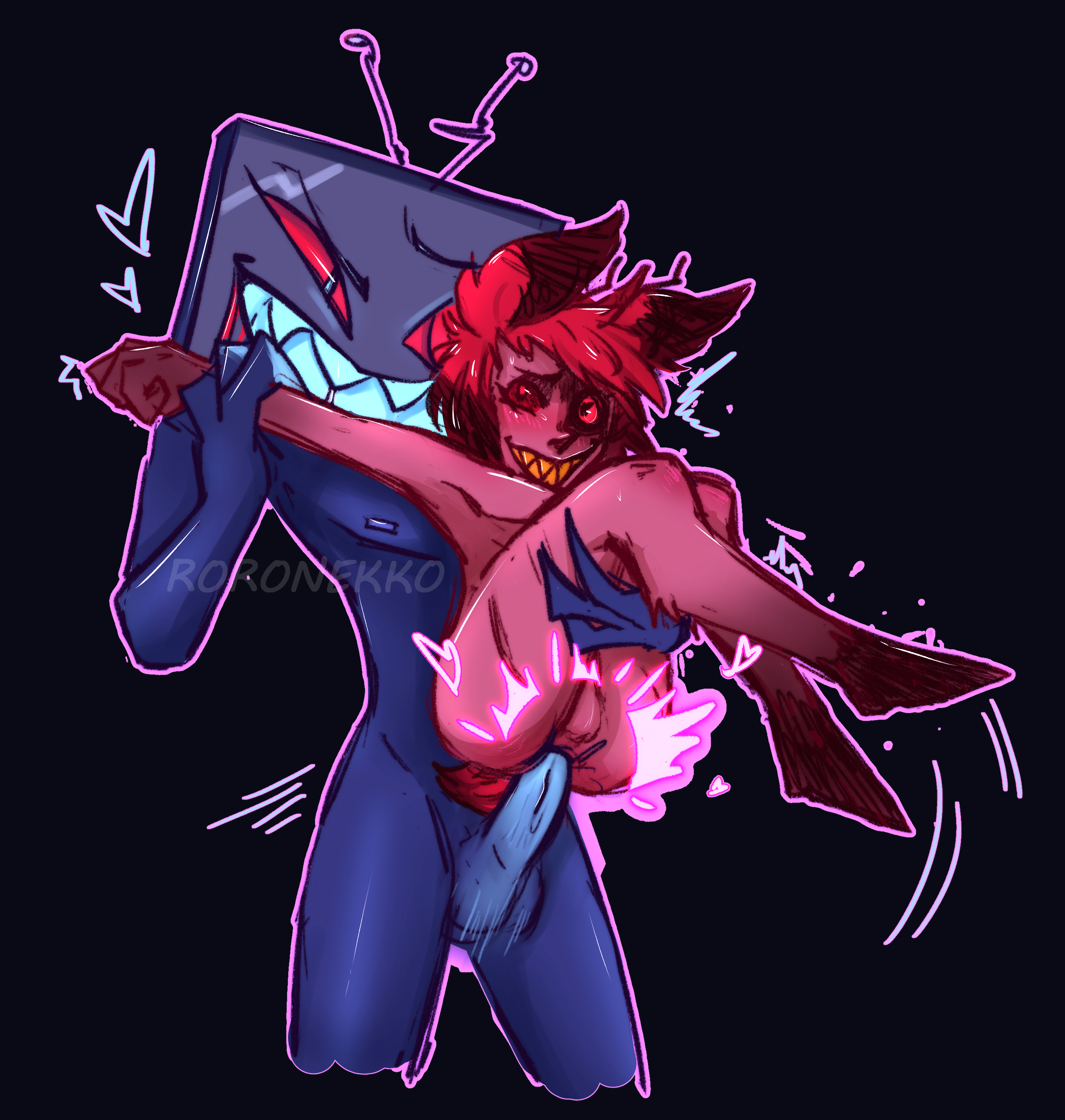 2boys, alastor (hazbin hotel), anal, anal sex, balls, blush, cock, deer, demon, erect penis, erection, femboy, gay, hazbin hotel, legs together, male, male only, male/male, naked, nude, penis, red hair, roronekko, sharp teeth, smile, smiling, smooth skin, stand and carry position, standing, tail, thighs, tv, vox (hazbin hotel), yaoi
