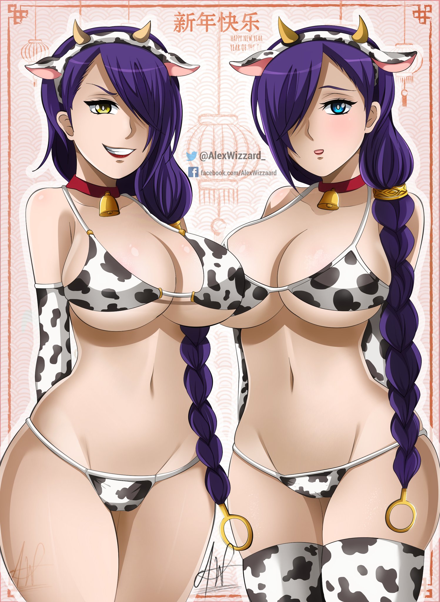 2girls, alex wizzard, big breasts, blue eyes, blush, breasts, cow girl, cow horns, curvy female, curvy figure, female, female only, hair ornament, hrist (shuumatsu no valkyrie), looking at viewer, multiple females, multiple girls, ponytail, purple hair, seductive, seductive eyes, seductive gaze, seductive smile, shuumatsu no valkyrie, smile, smiling at viewer, tagme, yellow eyes