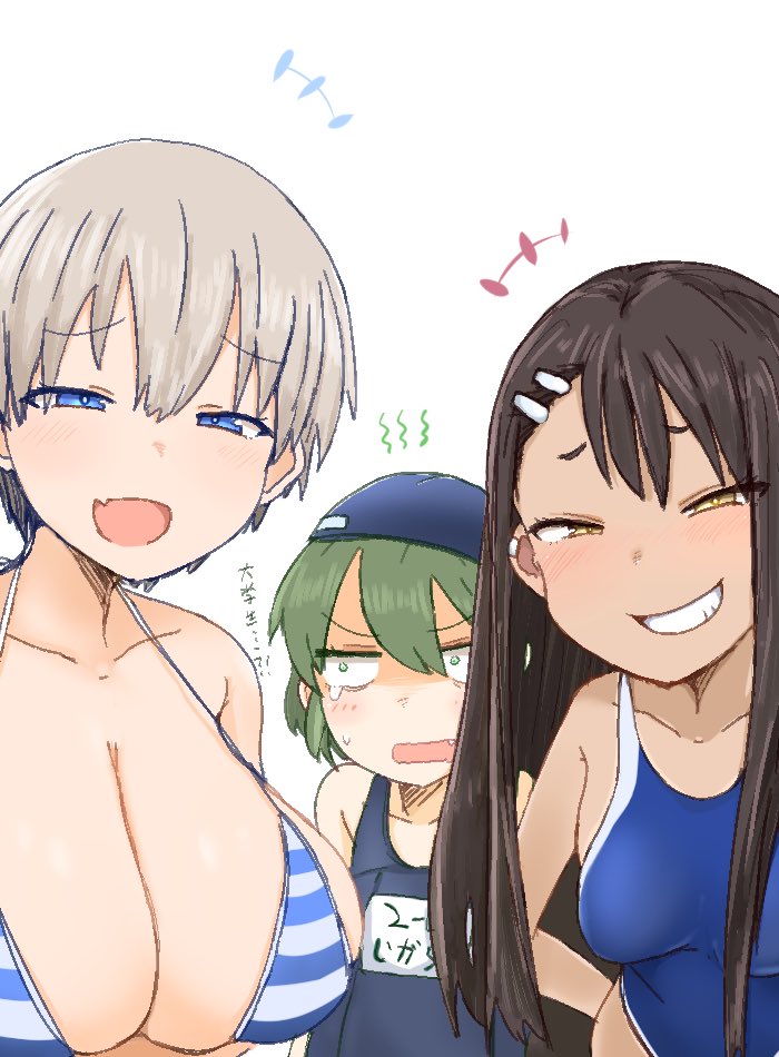 3girls big_breasts bikini black_hair blue_eyes blush breasts brown_eyes cleavage female_focus female_only flat_chest green_eyes green_hair hayase_nagatoro igarashi_futaba_(shiromanta) japanese_text long_hair multiple_girls open_mouth please_don't_bully_me,_nagatoro ro_(aahnn) senpai_ga_uzai_kouhai_no_hanashi short_hair silver_hair simple_background small_breasts smile swimsuit text translated uzaki-chan_wa_asobitai! uzaki_hana white_background