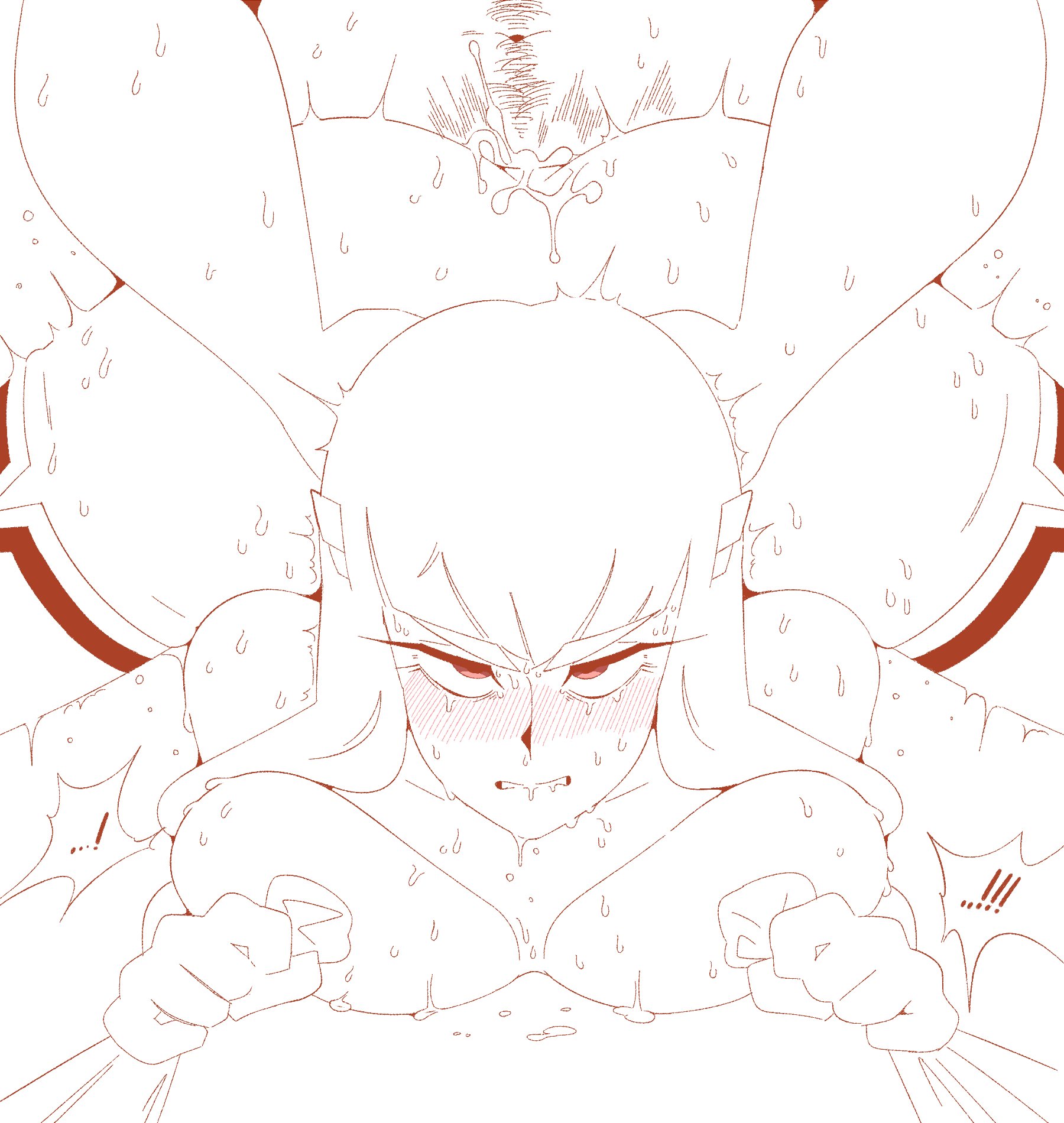 1boy, 1girls, ambiguous penetration, ass, big ass, biting lip, blush, cum, cum inside, doggy style, fat male, female, from behind, from behind position, front view, kill la kill, kiryuuin satsuki, male, pani, secretly loves it, sex, stockings, straight face, sweat, sweatdrop, tsundere
