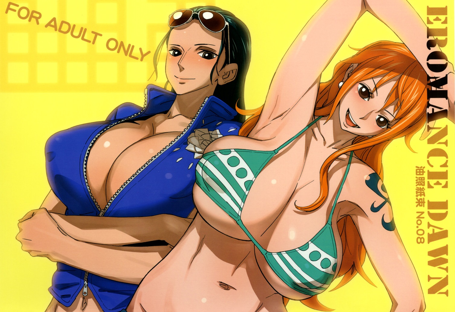 2girls, arm tattoo, artist request, big breasts, bikini, black hair, black-haired female, blue tattoo, bra, breasts, eyewear on head, female, female only, long hair, nami (one piece), nico robin, one piece, orange hair, orange-haired female, post-timeskip, striped bikini, sunglasses on head, tattoo
