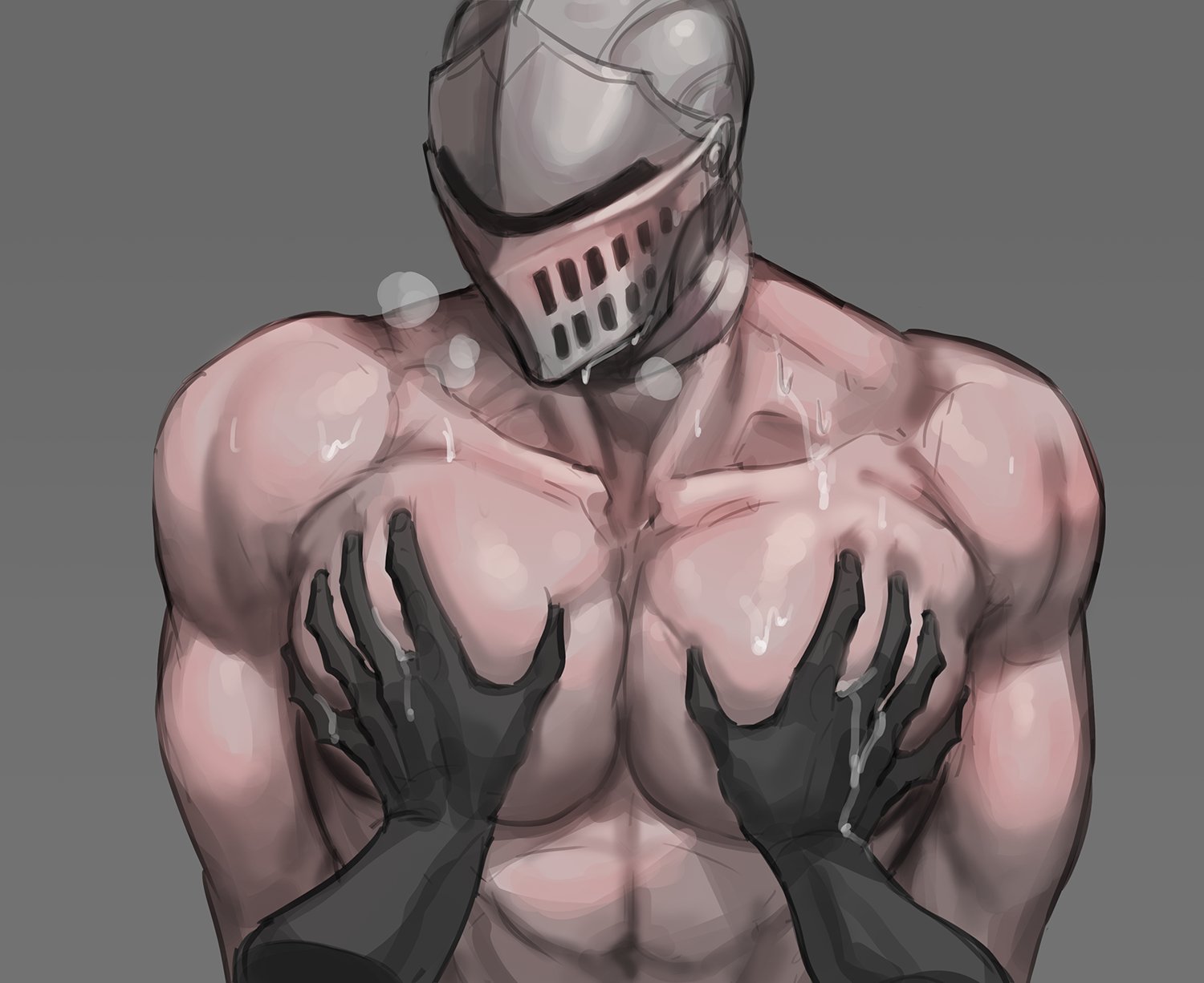 big pecs, blush, chosen undead, d bdbd, dark souls, disembodied hands, fromsoftware, groping, helmet, helmet only, knight, male, male only, masked, masked male, medieval armour, muscular, muscular male, pec grasp, solo focus, sweat, upper body, visible breath