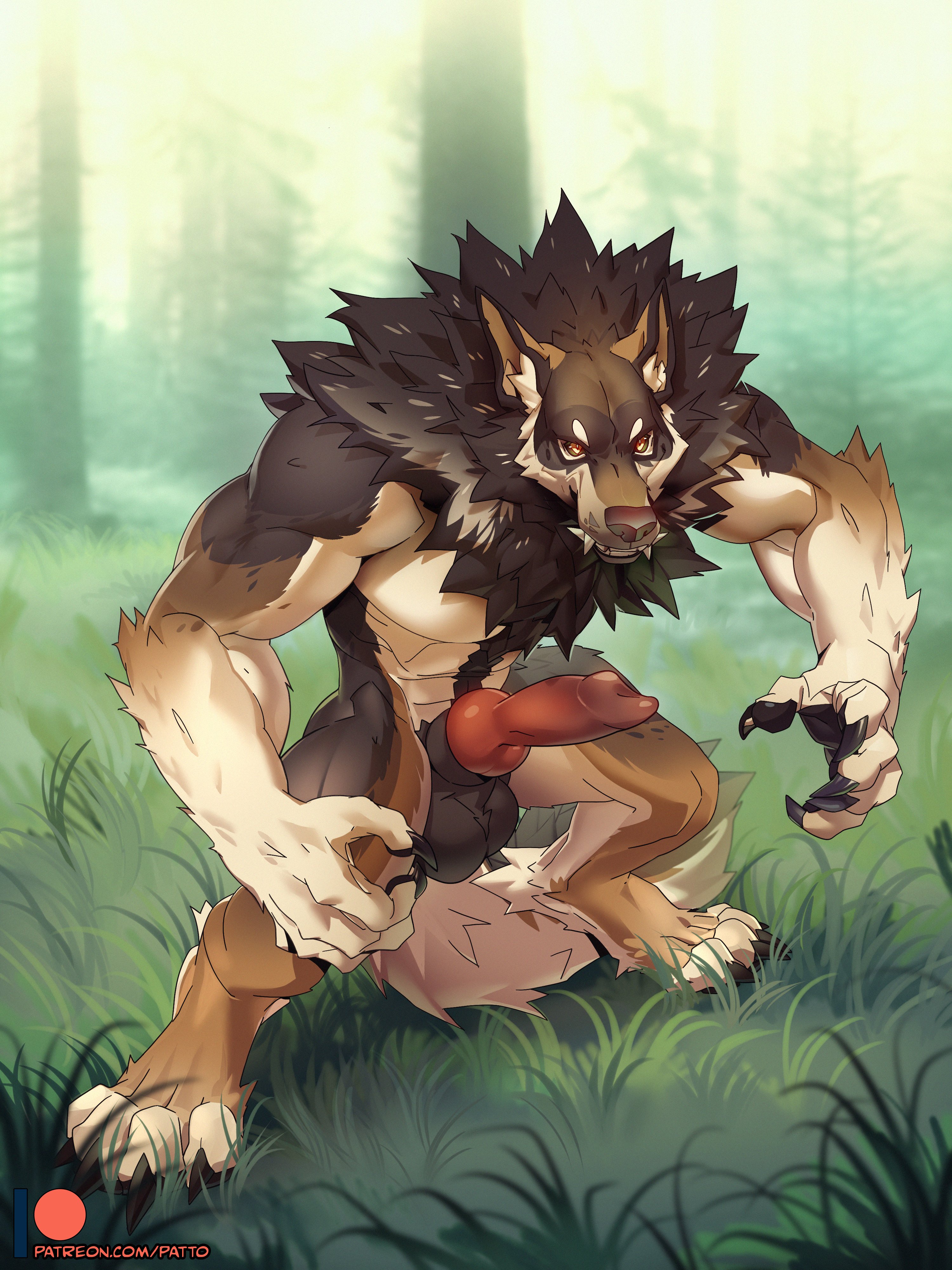 3:4, absurd res, animal genitalia, animal penis, anthro, balls, big balls, big penis, black body, black fur, blizzard entertainment, body hair, brown body, brown fur, canid, canine, canine penis, canis, claws, digital media (artwork), digitigrade, erection, fangs, finger claws, forest, forest background, fur, genitals, grass, happy trail, hi res, knot, male, male only, mammal, multicolored body, multicolored fur, muscular, muscular male, mythological canine, mythological creature, mythology, nature, nature background, neck tuft, original character, patto, pawpads, paws, penis, plant, red penis, sheath, solo, standing, tan body, tan fur, toe claws, tree, tuft, warcraft, were, werecanid, werecanine, werewolf, wolf, worgen, worgen with tail, world of warcraft