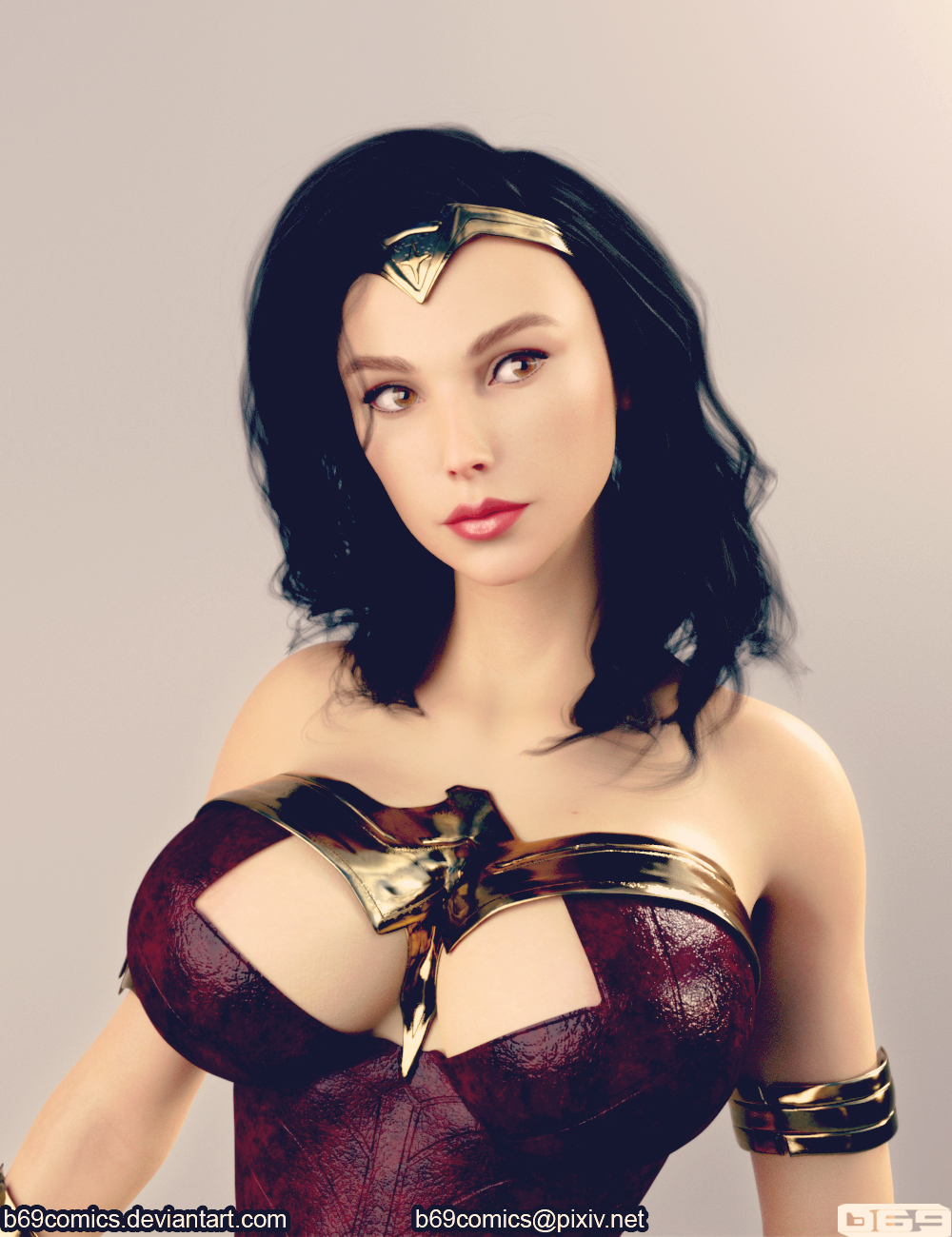 1girls 3d b69 brown_hair busty cleavage corset dc dc_comics female female_only gal_gadot solo superheroine tiara wonder_woman wonder_woman_(series)