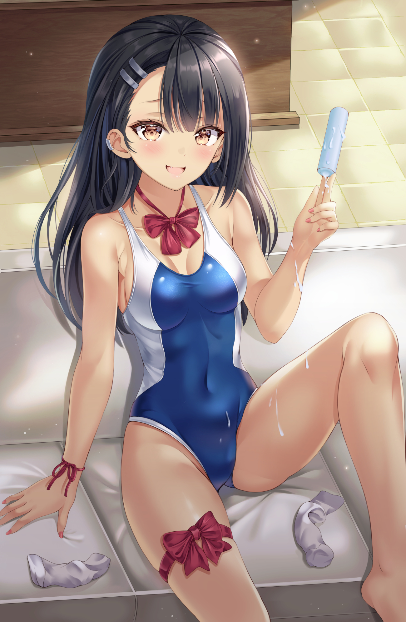 1girls, black hair, blush, bnari, breasts, brown eyes, cleavage, clothed, clothing, female, female focus, female only, hayase nagatoro, hi res, ice cream, long hair, looking at viewer, medium breasts, navel, please don't bully me, nagatoro, pose, revealing clothes, simple background, sitting, smile, solo, spread legs, swimsuit