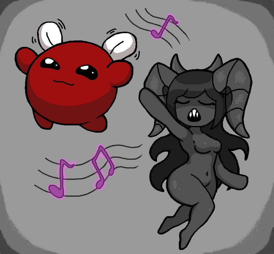 2girls baby_plum_(the_binding_of_isaac) black_body black_skin closed_eyes demon demon_girl demon_horns featureless_breasts female female_only genocityzone hair hips horns multiple_girls nude sharp_teeth singing siren the_binding_of_isaac the_siren_(the_binding_of_isaac)